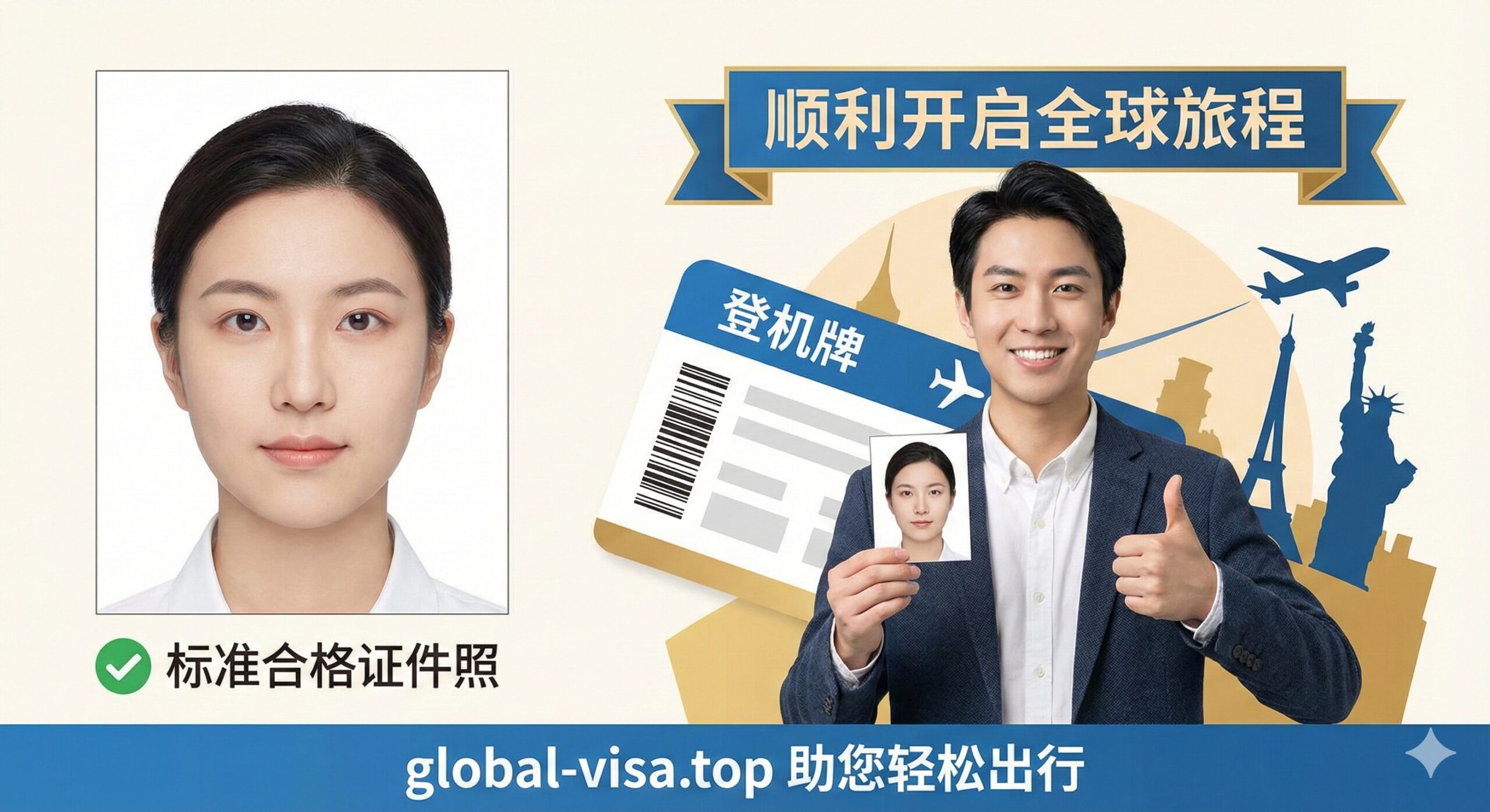 一张充满自信和顺利的总结图。左侧为一个标准的、符合要求的证件照，右侧是一个人轻松地拿着这张照片，面带微笑，身后是登机牌和象征旅行的元素（如埃菲尔铁塔、自由女神像的剪影）。整体色调明亮、积极，传达“轻松搞定全球签证”的正面情绪。底部可以简洁地展示 global-visa.top 的Logo或网站域名，作为呼吁行动的视觉收尾。