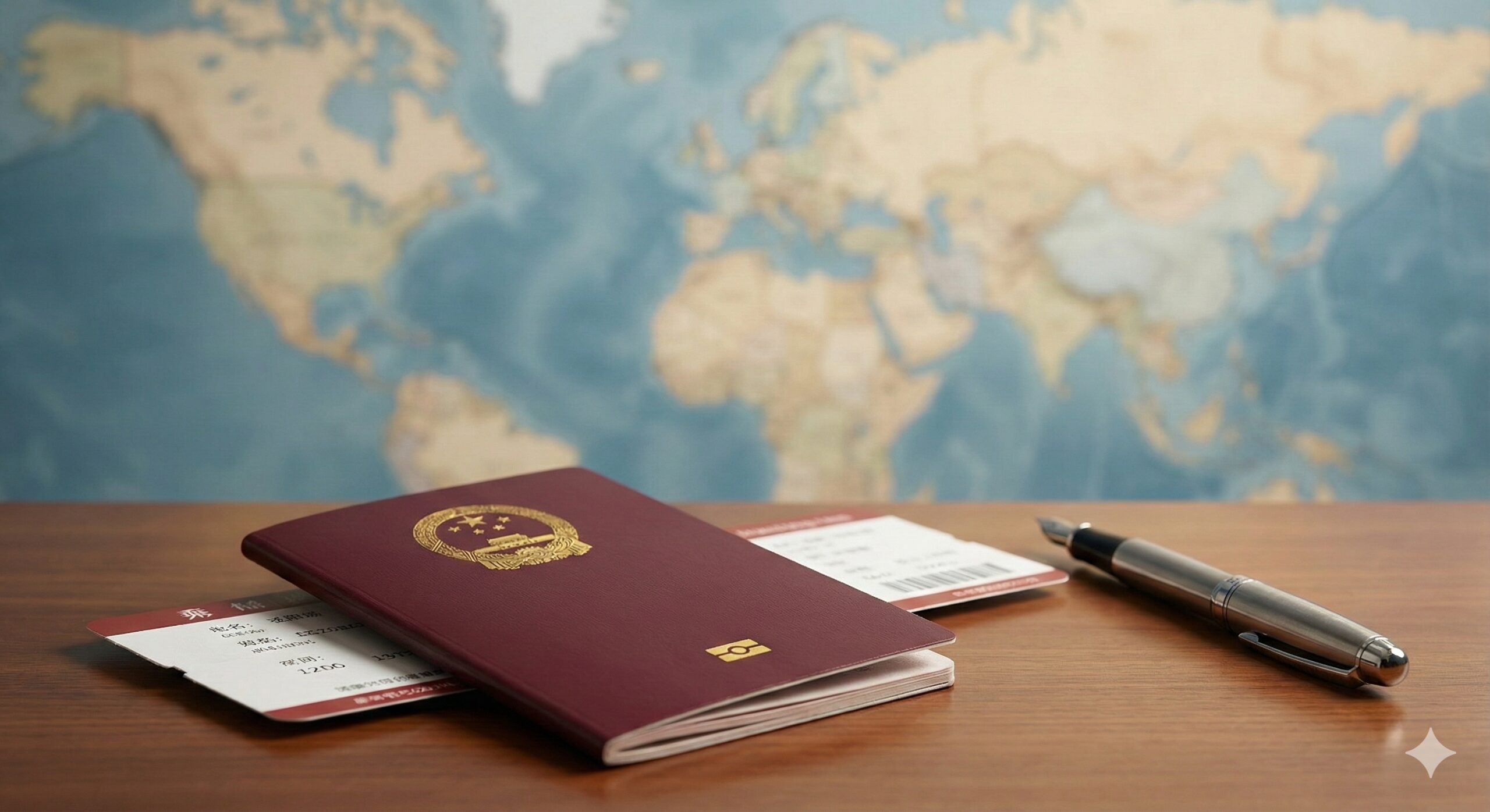 一张高质量的商务风格封面图，背景是一张模糊的世界地图，前景清晰展示一本崭新的中华人民共和国电子护照（暗红色封面，带电子芯片标志）。护照旁放着一张机票和一只钢笔，象征着开启新的旅程。光线柔和明亮，色彩以深红、金色和纯白为主，营造出专业、权威且充满希望的氛围，符合global-visa.top的专业签证服务形象。