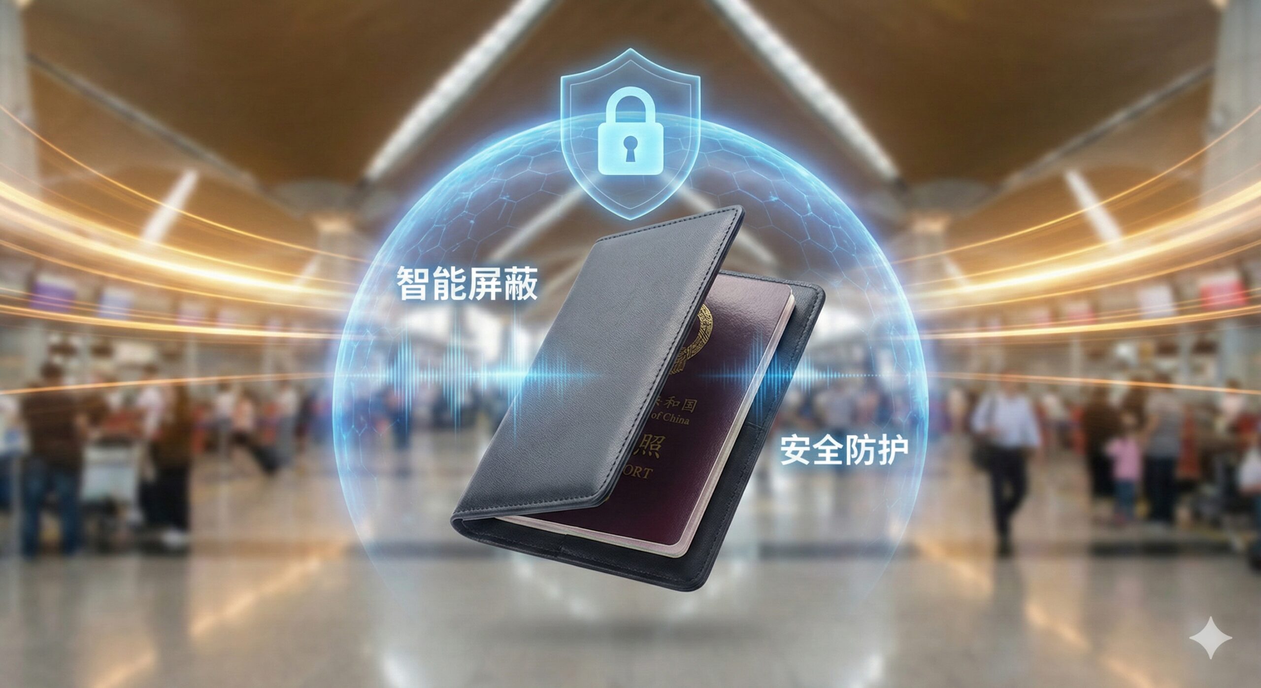 一张科技感与安全感并存的概念图。画面展示一个打开的护照夹，周围环绕着半透明的蓝色数字盾牌光效，象征RFID信号屏蔽功能。背景是模糊的繁忙国际机场航站楼人流，暗示公共场所的潜在盗刷风险。通过视觉化的‘锁’或‘盾’元素，具象化地展示护照套看不见的数字安全防护功能，强调文章中提到的防盗刷核心卖点。