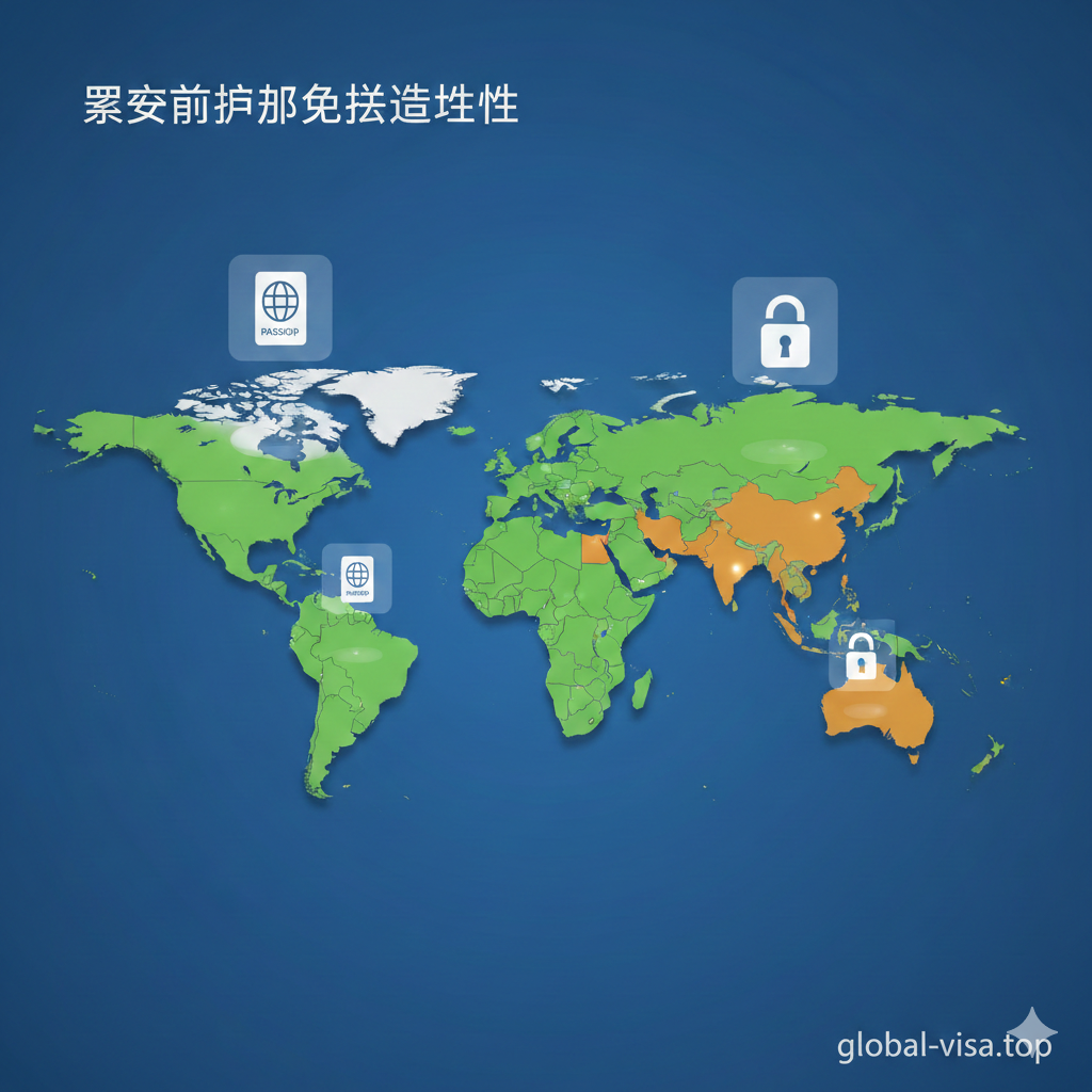 A modern, infographic-style 3D world map visualization specifically highlighting countries accessible to Russian citizens. Regions like South America, Southeast Asia, Turkey, and Serbia are illuminated in bright green (visa-free) and amber (visa-on-arrival). Floating holographic icons represent passport stamps and open padlocks. The design is clean and data-driven, using a tech-blue background to emphasize the 'Global-Visa' professional analysis of border policies.