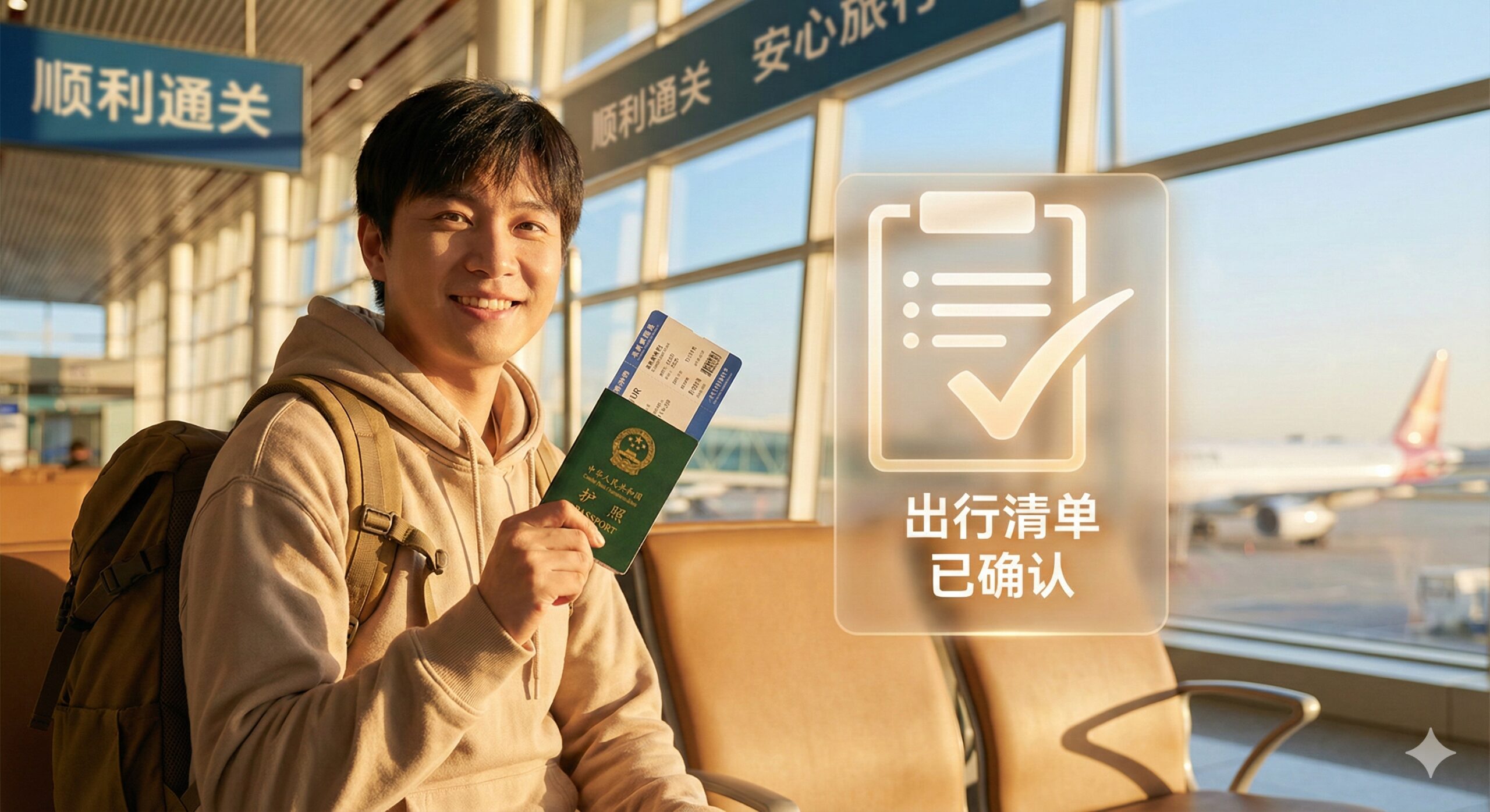一张情绪积极的总结图。画面展示一位快乐的旅客在机场候机大厅,手中拿着一本崭新的护照和登机牌,面带微笑准备出发。旁边叠加一个半透明的'出行清单'打钩图标,暗示所有证件检查完毕,无后顾之忧。光线明亮温暖,传递顺利通关、安心旅行的美好愿景,增强用户对平台建议的信任感。