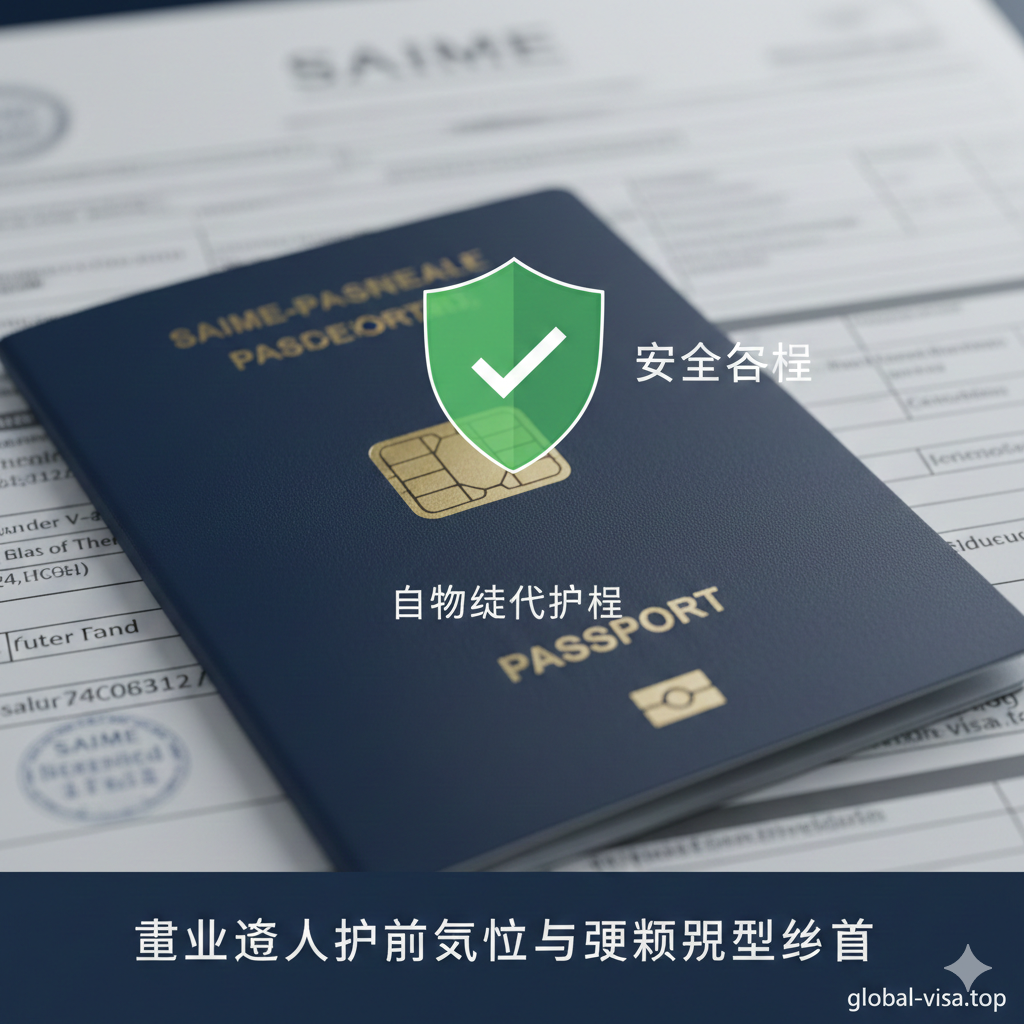 一张极简主义风格的概念图，关注护照有效性和更新流程。画面主体是一个带有生物识别芯片标志的护照封面特写，上方悬浮着一个半透明的盾牌图标或勾选标记，象征安全与合规。背景是模糊的官方表格或SAIME（委内瑞拉身份移民局）风格的印章纹理。色调采用严肃的深灰与海军蓝，传达政策的严谨性，用于总结部分，提醒用户注意护照有效期和延期规则。