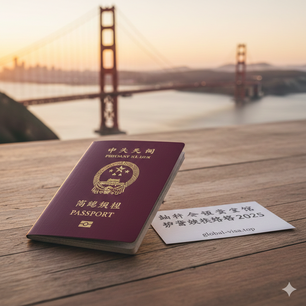 一张高清、电影质感的特写照片，展示一本中华人民共和国普通护照放置在木质桌面上，背景虚化显示旧金山标志性的金门大桥，沐浴在温暖的金色阳光中。画面构图专业，重点突出护照上的国徽细节，象征2025年最新的旧金山领事馆护照换发攻略，氛围庄重且具有地域代表性。