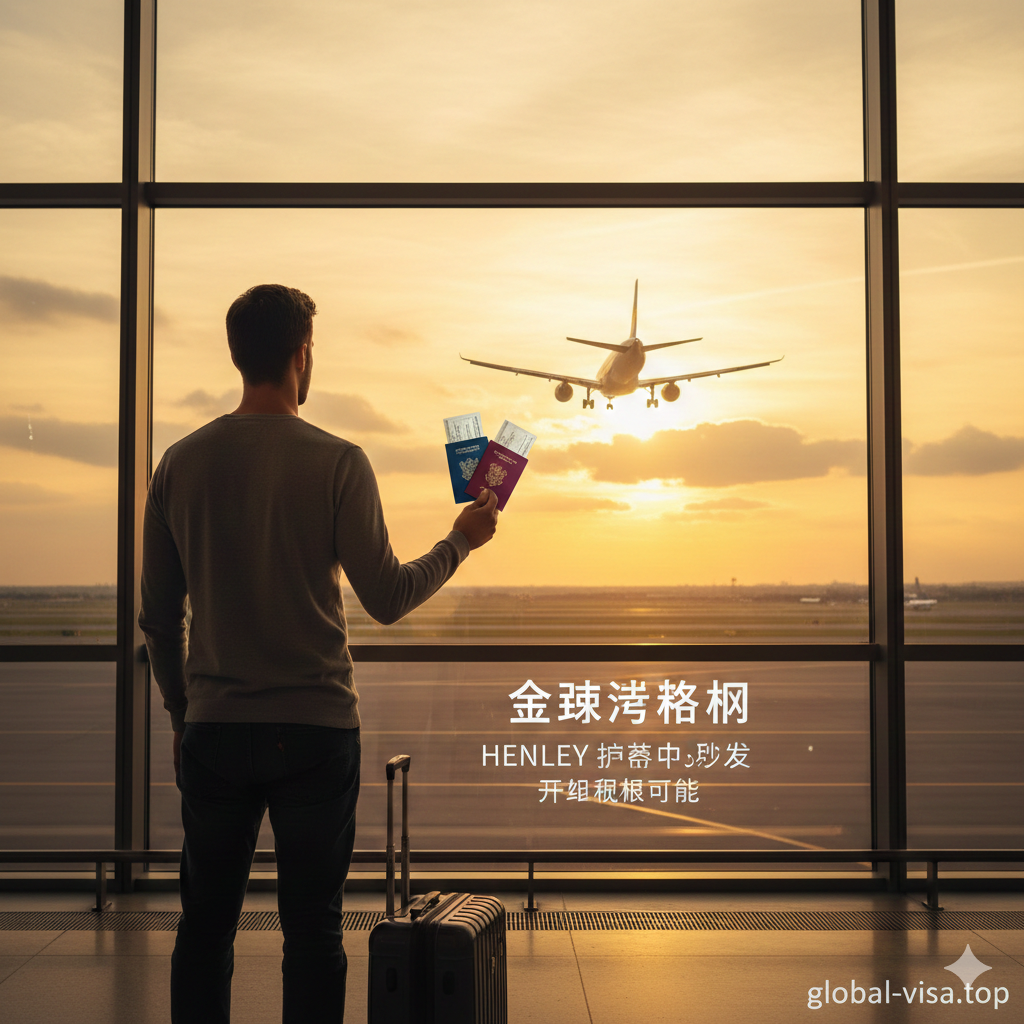 一张充满愿景和情感共鸣的总结性图片。画面描绘了一位旅客站在机场巨大的落地窗前，背对着镜头，凝视着夕阳下正在起飞的客机。他的身旁放着行李箱，手中拿着两本不同的护照，象征着双重身份或'Plan B'带来的极致自由。夕阳的金光洒在人物身上，营造出充满希望和无限可能的氛围，呼应文章结尾打破国界限制的主题。