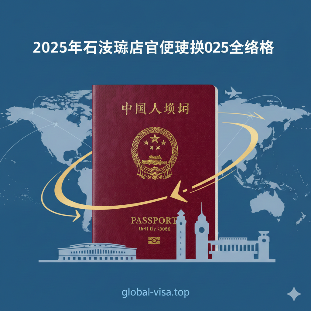 图片为文章封面，主题是“2025年石家庄护照过期换发全攻略”。画面主体是一个带有中国国徽的深红色新版护照，护照下方隐约可见石家庄的城市地标（如石家庄火车站或河北博物院的剪影），背景是柔和的浅蓝色世界地图轮廓和飞机航线。整体风格应是现代、清晰、专业，采用高对比度的色彩，护照周围有代表“快速”和“高效”的金色光环或箭头符号。构图上，护照居中突出，传达出解决护照问题的紧迫性和便捷性。