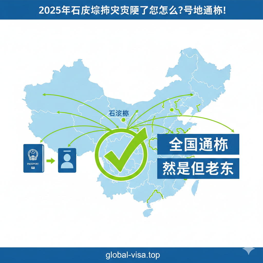 图片展示“2025年异地通办”的政策便利性。画面中央是一个巨大的绿色勾号或“OK”手势，背景是河北省和中国的行政区域图，用亮色线条连接石家庄与其他城市。强调“全国通办”和“无需回老家”的文字信息应以突出的大号字体展示在图上。风格应为简洁的政务信息图表（Infographic）风格，色彩以蓝、绿、白为主，传达政策的开放性和便捷性。元素包括身份证和护照图标，以及代表快速办理的箭头。