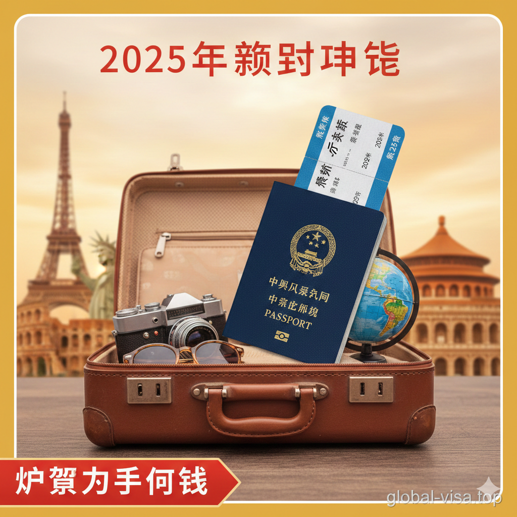 图片为文章的总结，主题是“2025年顺利启程”。画面主体应是一个打开的行李箱，里面整齐放着一本新护照、一张机票（或登机牌）和一些旅行物品（如相机、太阳镜）。背景是虚化的世界著名地标（如埃菲尔铁塔、自由女神像等），营造出即将出发的期待感。色彩鲜亮、积极向上，采用暖色调为主。下方可加上“护照到手即送签”的标语，并将global-visa.top的Logo或网址以水印形式自然融入，鼓励用户采取下一步行动。