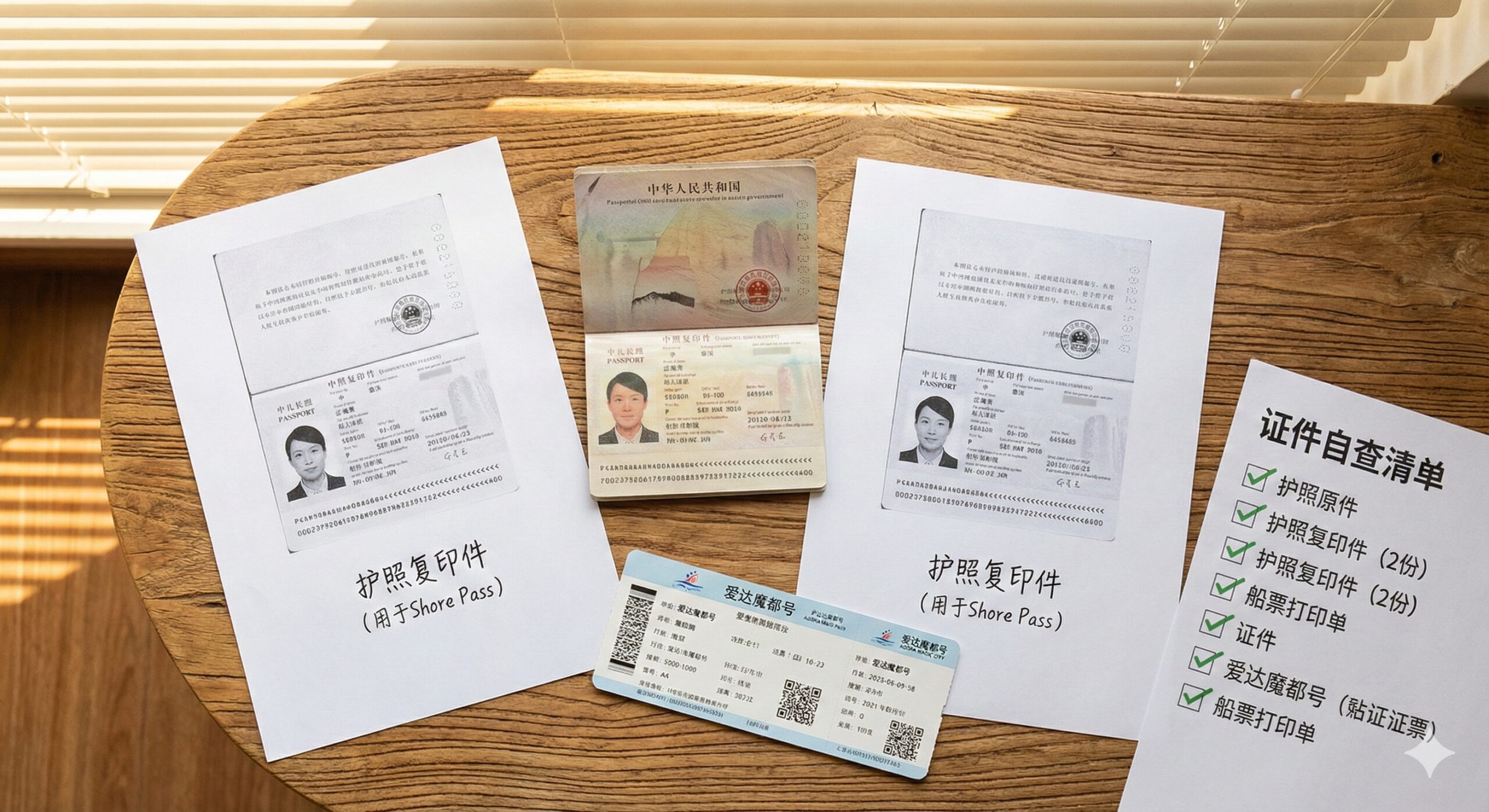 一张高质感的静物平铺摄影图(Flat Lay),作为文章总结。木质桌面上整齐摆放着一本中国护照原件、两张标准的A4纸护照首页复印件(非常显眼,暗示Shore Pass用途)、一张爱达魔都号的船票打印单。旁边有一张打印出来的‘证件自查清单’,上面所有项目都已打钩。阳光透过百叶窗洒在桌面上,寓意万事俱备,准备顺利登船,强化用户对于‘复印件’这一关键细节的记忆。
