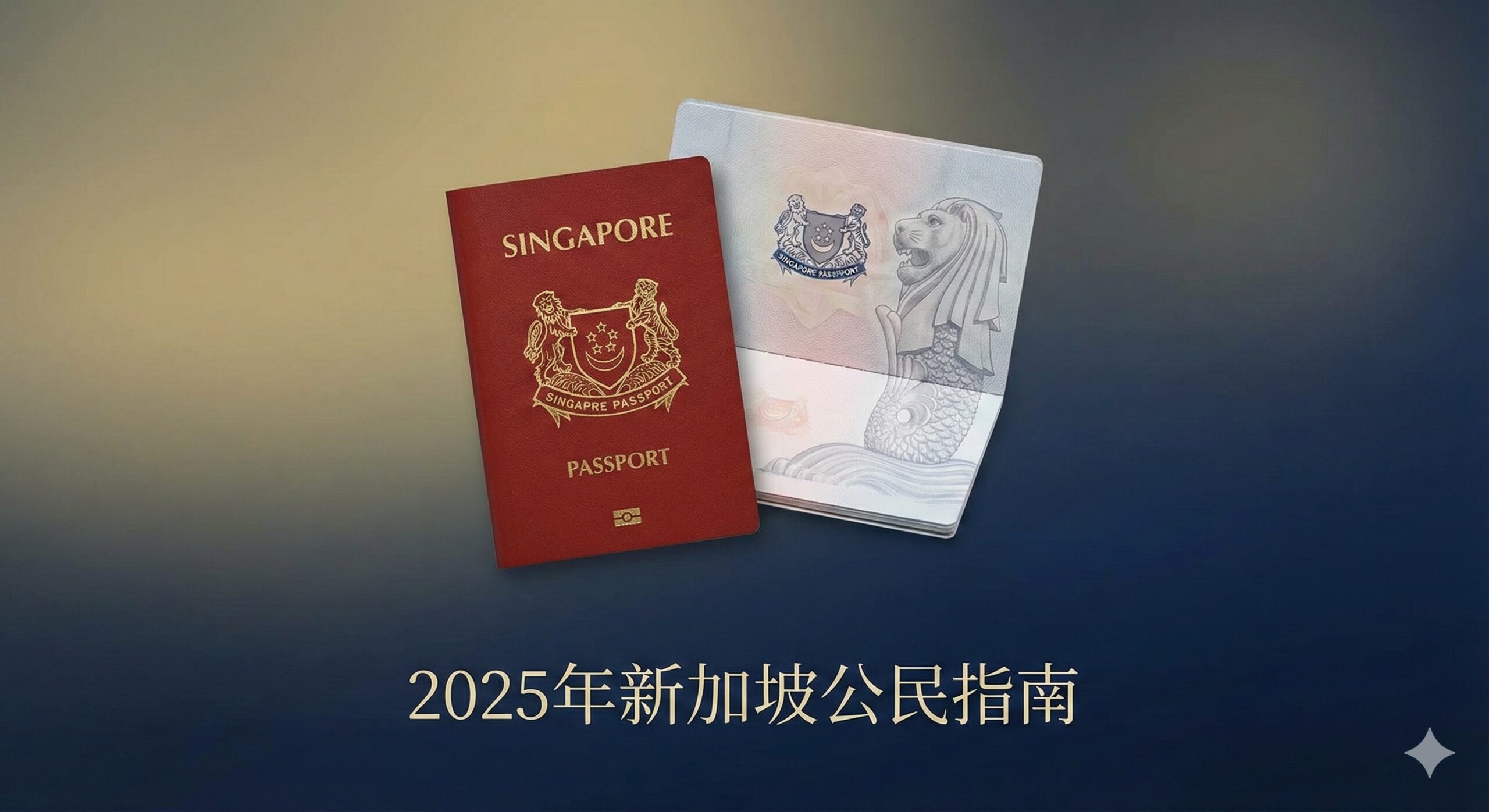 用于文章开头的封面图。画面主体是新加坡深红色护照，侧面放置一本开启的护照，露出标志性的鱼尾狮（Merlion）浮水印或国徽。背景采用柔和的金色和深蓝色渐变，象征财富与安全。构图上，护照下方有简洁的“2025 Singapore Citizenship Guide”字样，风格为高端、专业、极简，突出“全球通行证”的含金量。整体色调沉稳，光线聚焦在护照上，营造权威感。
