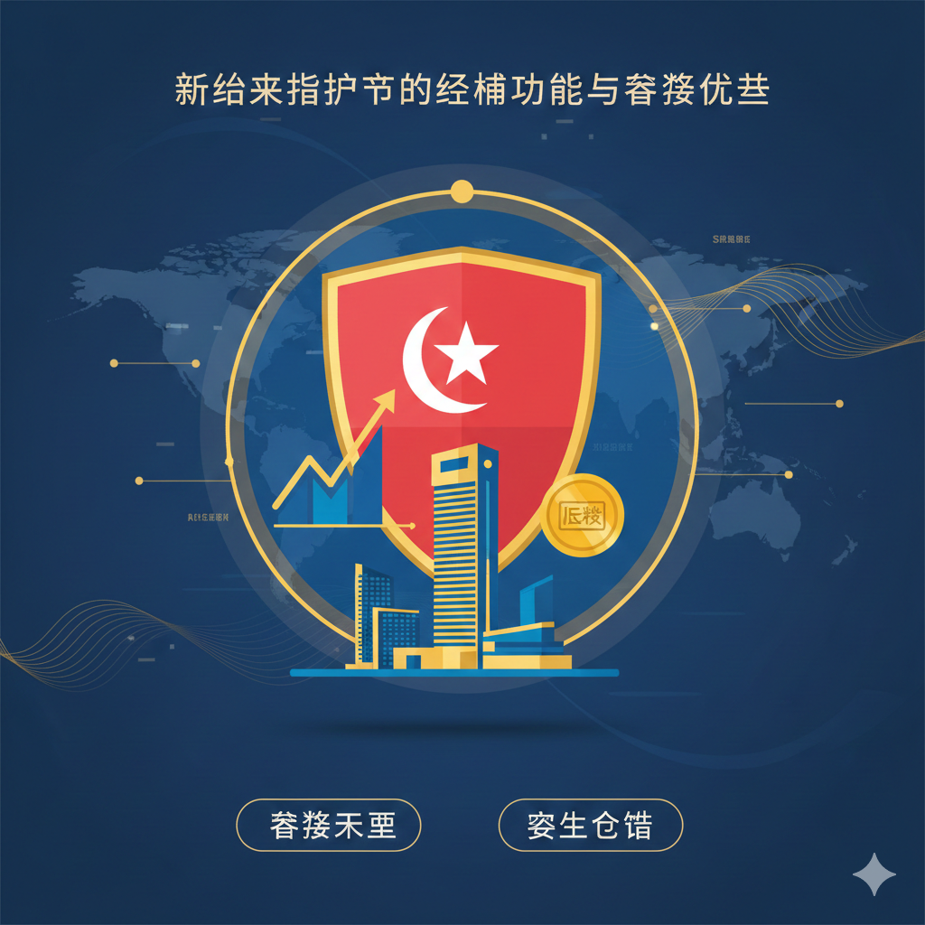 体现新加坡护照的经济功能和税务优势。构图中央是一个新加坡国徽形状的盾牌，盾牌内部是清晰的金融元素：一个上升的K线图、一栋现代化的金融区建筑（如金沙酒店）和一枚象征低税率的简化钞票或金币。色彩以商务蓝和金黄为主，体现“税务天堂”和“资产配置”的概念。整体风格是信息图表（Infographic）式的，简洁有力，用于“第一部分：持有新加坡护照的六大核心优势”。