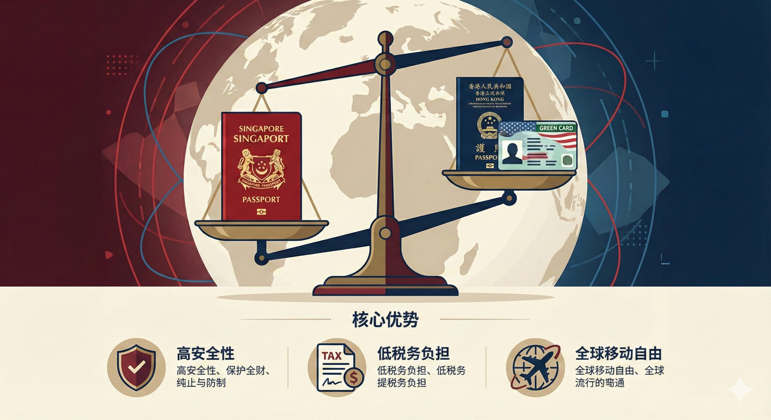 总结图片，对比新加坡护照与其他身份的选择。画面中心是一个天平，一端放置新加坡护照，另一端放置香港护照和美国绿卡（用各自标志物象征）。天平倾向新加坡护照一侧，象征其高价值。背景是地球的抽象线条图，搭配低饱和度的红色和蓝色。下方以简洁的图标（如盾牌、税单、飞机）概括安全性、税务和移动性，用于“结语”或“FAQ”部分，风格为高对比度、信息丰富的商务图表。
