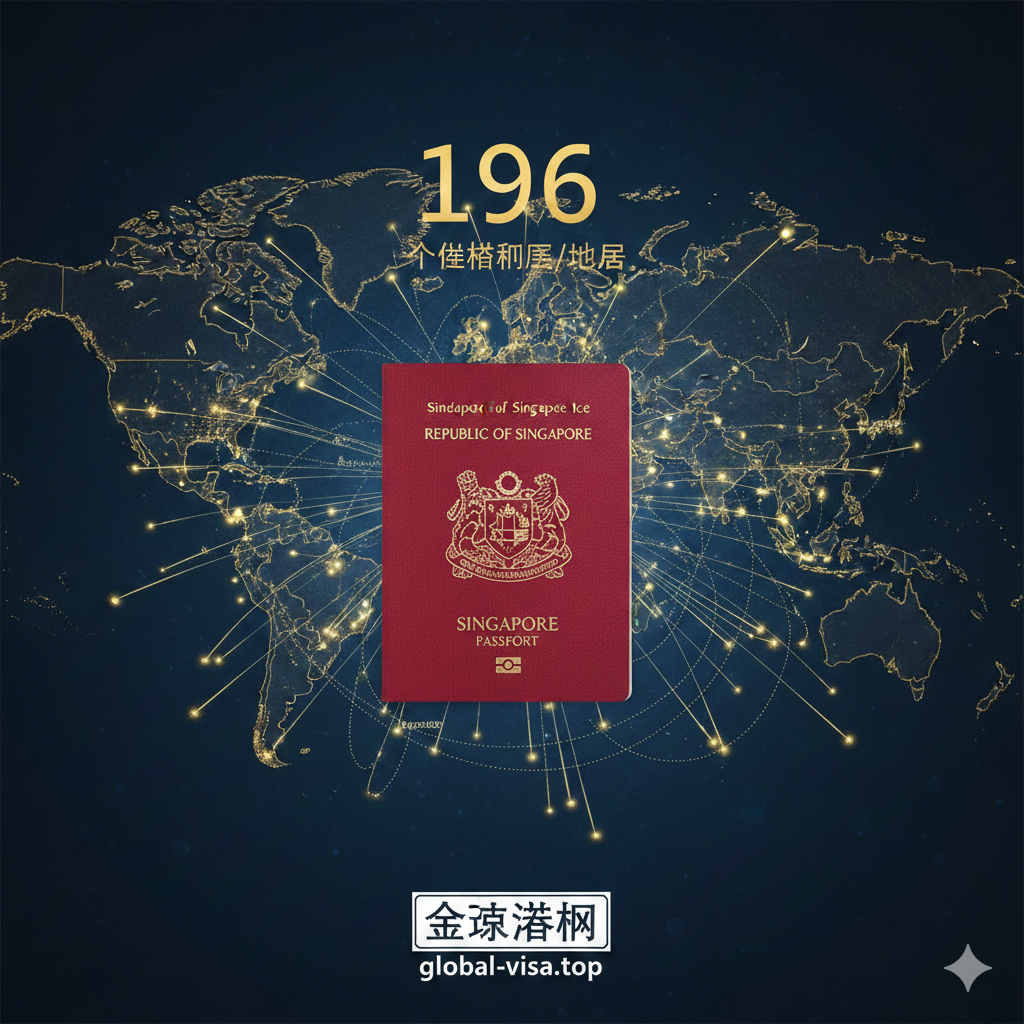 图片应以一张充满科技感的全球地图为背景,深蓝色调为主,点缀着金色的光芒。画面中央突出显示一本精致的新加坡红色护照,护照上方或周围环绕着数百个发光的、相互连接的小点,这些点代表着免签国家,象征着极高的全球通行能力。使用虚线和光线将护照与全球各地主要目的地(如欧洲申根区、北美、亚洲主要城市)连接起来,突出“196个国家”这一核心数字。整体风格应体现专业、权威和全球化。