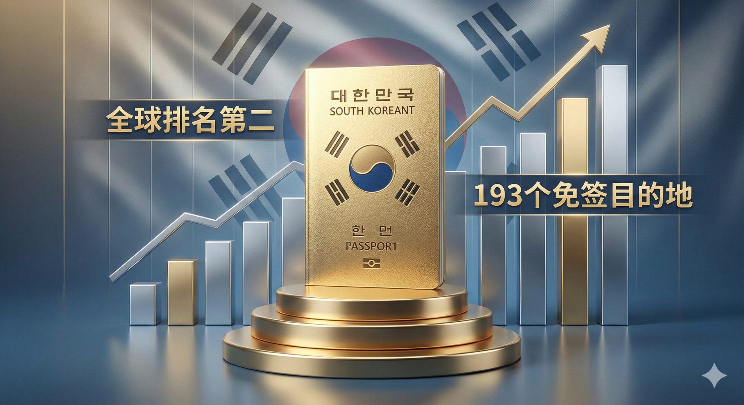 一张展示韩国护照含金量的统计图表风格图片。画面中央是一个精致的金奖杯或领奖台,上面放置着韩国护照,背景是上升的柱状图趋势线,标注着‘Global Rank #2’和‘193 Destinations’的数据指标。视觉元素中包含细微的韩国国旗纹理与金属质感,对比展示其在全球护照指数(Henley Passport Index)中的顶级地位,营造出一种高端、尊贵且令人信赖的氛围。