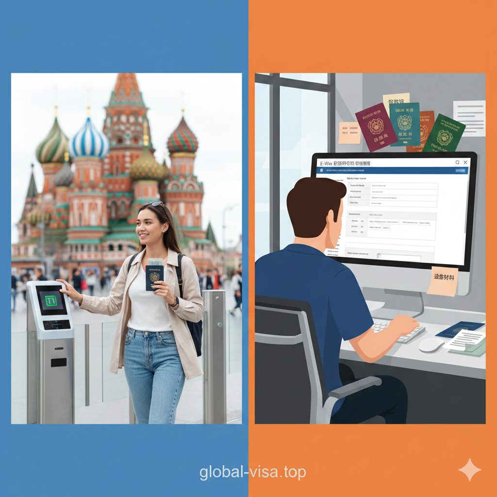 展示韩国护照核心免签功能的场景图。画面采用左右分割构图。左侧展示持有韩国护照的旅客轻松通过俄罗斯机场（背景隐约可见圣瓦西里大教堂的洋葱头圆顶）的边检通道，闸机显示绿灯；右侧展示持有其他护照的旅客正在电脑前申请E-Visa电子签证的繁忙景象。色彩对比鲜明，左侧明快轻松，右侧略显复杂，直观传达韩国护照在独联体国家的通行便利性。