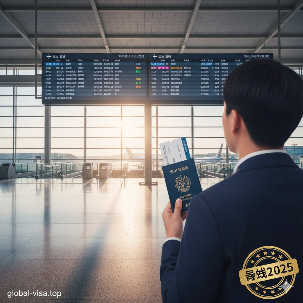 一张极具现代感的封面图，画面中心是一本高清晰度的韩国绿色电子护照，背景巧妙融合了美国自由女神像和星条旗的虚化元素。画面中悬浮着全息投影风格的'ESTA 2025'字样和飞机航线轨迹，象征着韩国与美国之间的免签旅行通道。整体色调为深蓝与科技白，光线明亮柔和，营造出国际化、专业且便捷的商务旅行氛围，适合作为global-visa.top的权威攻略封面。