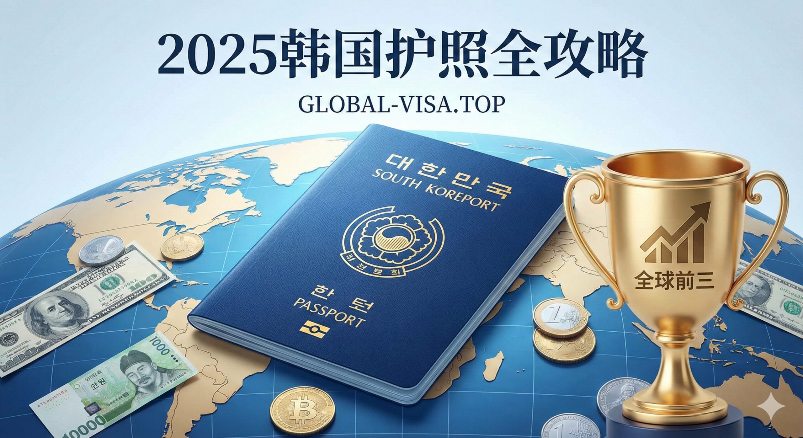 一张醒目的文章封面图，主题为'2025韩国护照全攻略'。画面主体是一本崭新的韩国护照，以鲜明的深蓝色和金色的国徽为特征，放置在一个全球地图或一叠世界主要国家货币的背景之上。护照旁边应有一个象征着高排名的金色奖杯或图表，突出其全球前三的含金量。整体风格为高端、专业，采用明亮的冷色调，强调其作为顶级身份象征的价值。