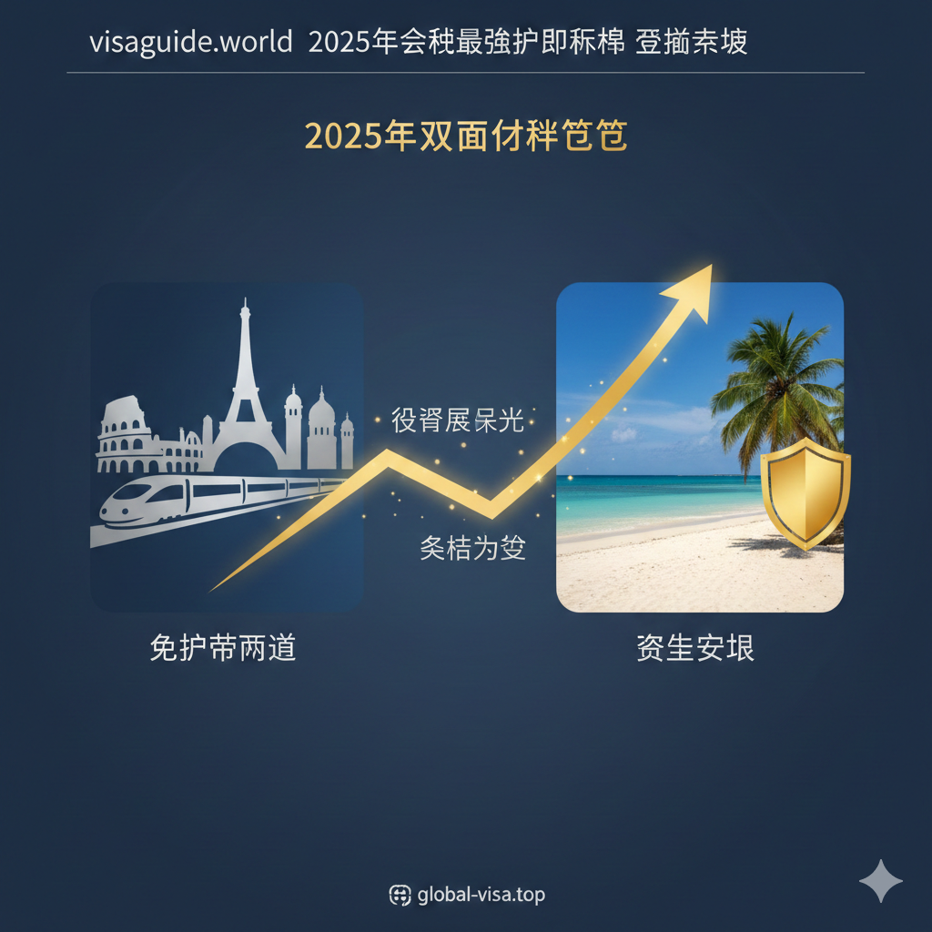 一张具有商业洞察力的对比构图图片。左侧展示欧洲申根区的地标剪影（如埃菲尔铁塔、罗马斗兽场），象征‘免护照通行’的极致便利；右侧展示加勒比海岛的宁静沙滩与盾牌图标，象征‘资产安全与避险’。画面中间有一条上升的金色曲线图，连接两部分，寓意2025年双重身份配置的投资回报率与战略优势。风格沉稳，适合高净值人群审美。