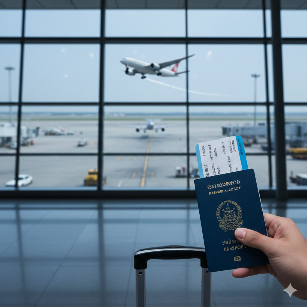 机场候机大厅的各种景深摄影图。前景是一个拉杆箱的手柄和一只手拿着柬埔寨护照及登机牌,背景是模糊的繁忙机场跑道或巨大的落地窗,透过窗户可以看到一架正在起飞的客机。色调为令人安心的蓝灰色,寓意顺利通关和旅途愉快,作为文章结尾激发用户的出行愿望。