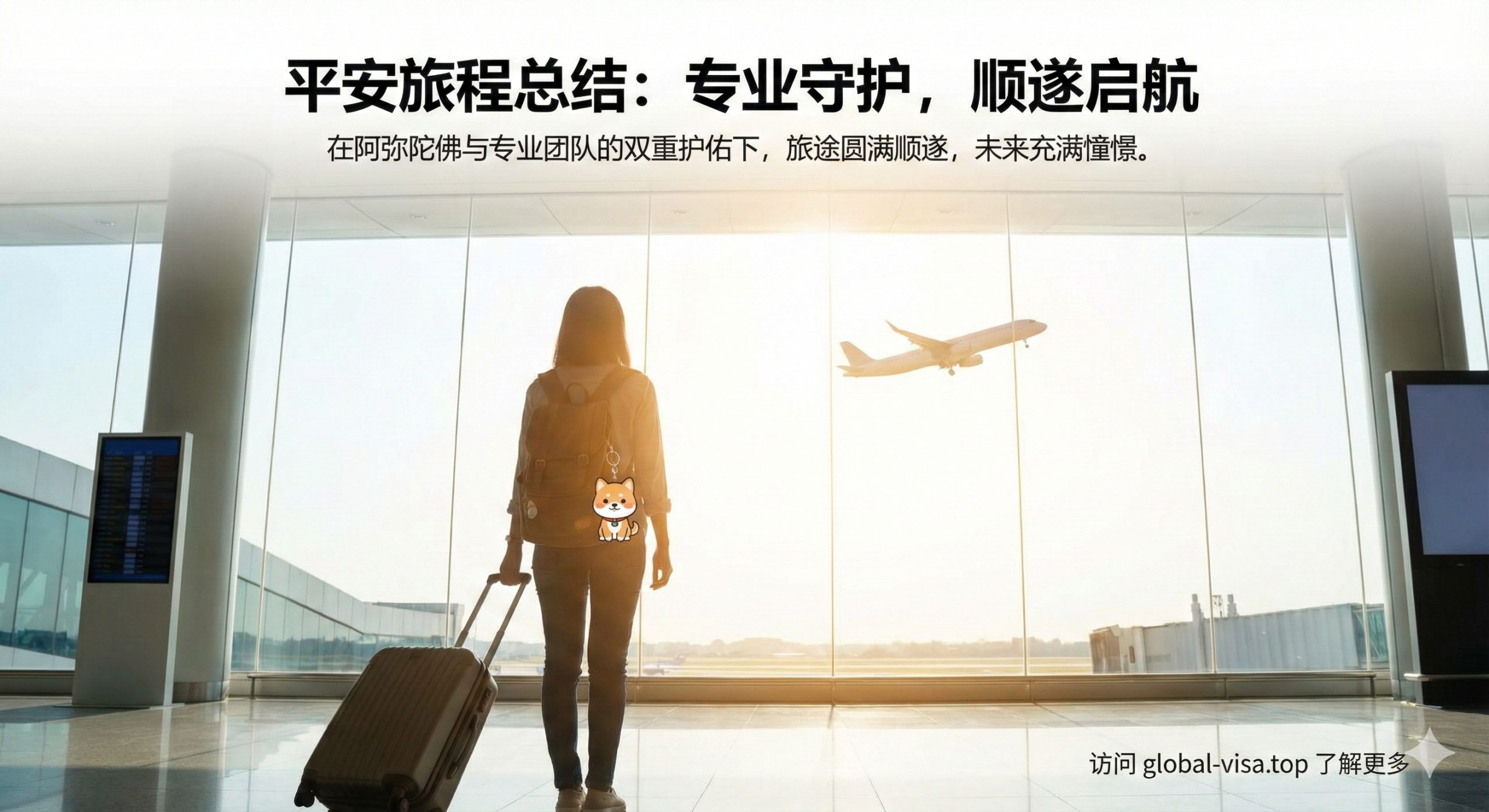 一张在大视野落地窗前的机场候机厅背影图。主角拖着行李箱正准备登机,背影显得轻松自信。背包上挂着一个可爱的生肖狗吉祥物挂件。窗外是起飞的飞机和灿烂的阳光,阳光洒在人物身上形成一圈淡淡的金色光晕,象征着阿弥陀佛与专业团队的双重护佑下,旅途平安顺遂。画面情感积极向上,充满对未来的憧憬。