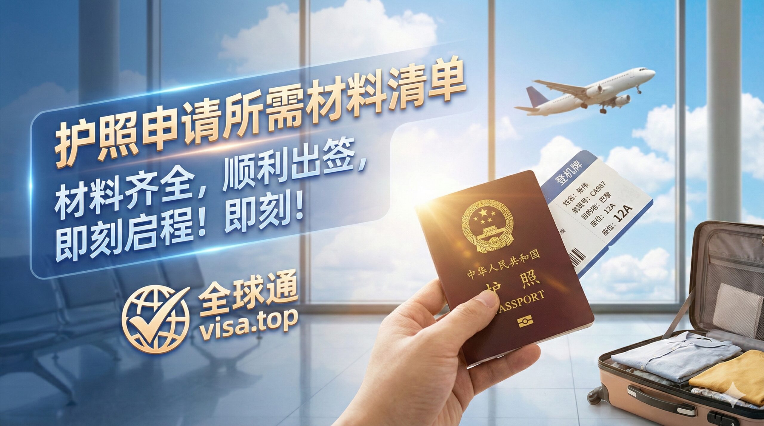一张充满希望和旅行憧憬的总结性图片。前景是一只手拿着一本崭新的中国护照和一张登机牌，背景是透过机场落地窗看到的起飞飞机和蓝天白云。阳光洒在护照的金字上熠熠生辉，画面右下角可以放置一个打包好的行李箱局部。整体氛围积极向上，象征着“材料齐全，顺利出签”，呼应文章结语，激发用户立即开始准备材料的行动力。