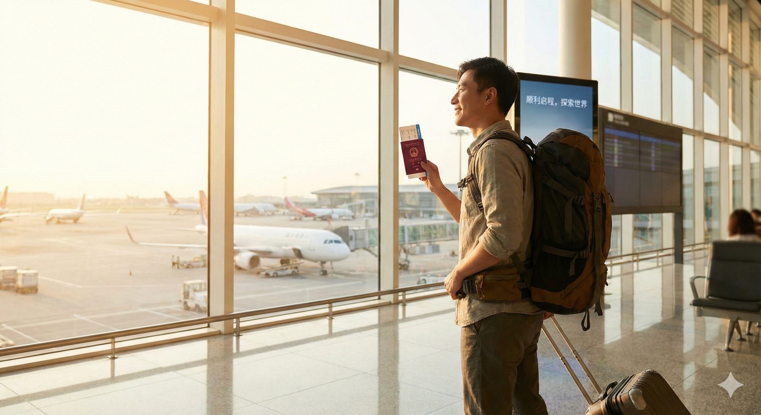 充满希望与愉悦感的总结性图片。场景设定在阳光明媚的机场候机大厅落地窗前,一位背着旅行包或拉着行李箱的旅客,手中拿着一本崭新的护照和登机牌,正望向窗外的停机坪。光线采用暖色调的自然光(黄金时刻),营造出顺利办完证件、即将开启美好旅程的氛围。此图作为文章结尾,旨在激发用户的行动力,点击咨询或开始办理。