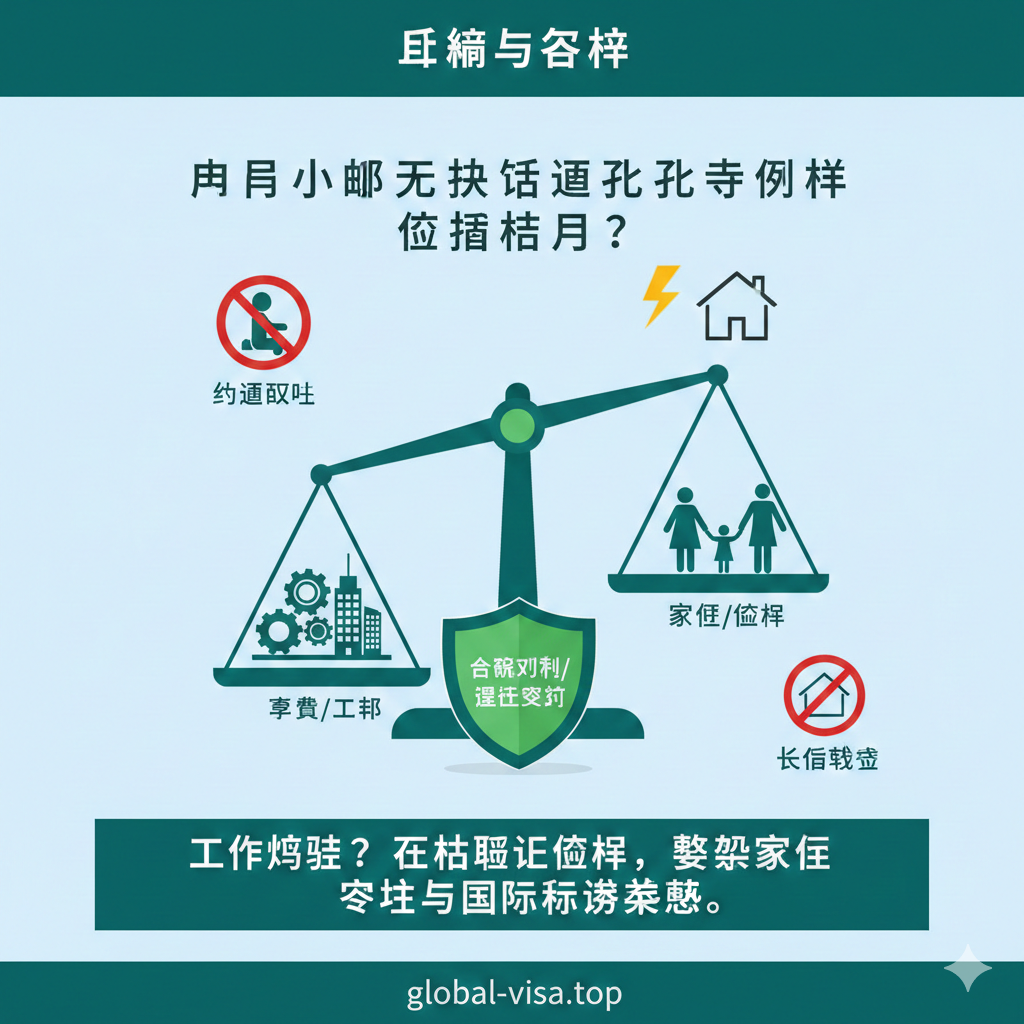 总结图片作为风险预警与行动建议的视觉化呈现，主题为“平衡与合规”。画面中心是一个平衡的秤，一端是“事业/工作”（用齿轮或摩天大楼图标表示），另一端是“家庭/监护”（用父母与孩子的手相牵的图标表示），两端被一个绿色的“合规文件/委托协议”符号支撑，使其保持平衡。周围有几个小型的警示符号（如红色禁止标志、闪电），代表“幼童独处”、“长期缺席”等风险点。色彩采用对比强烈的红黄警示色和稳重的绿色，提醒读者工作忙碌需要通过合法的委托监护安排来确保家庭的稳定与国际签证的成功。