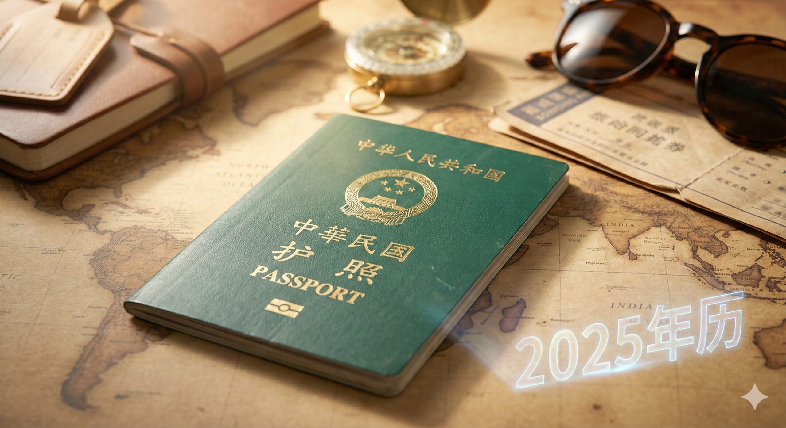 一张高质量的特写摄影图，展示一本中华民国（台湾）护照放置在复古世界地图上。柔和温暖的光线照亮绿色的护照封面，背景虚化显示旅行配件如指南针、登机牌和墨镜。构图居中，传达全球探索和自由的感觉，并在角落融入微弱的2025年历全息投影元素，体现最新资讯的时效性，风格专业且具吸引力。