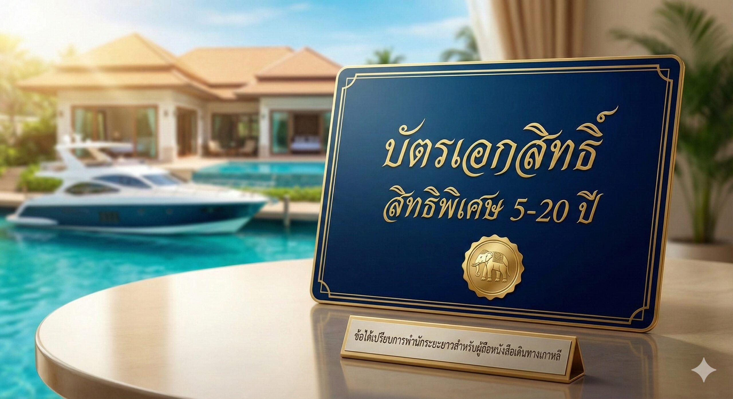 图片用于宣传“泰国精英签证”这一长期居留优势。主体是一张高端的、带有金色边框的泰国精英卡片（Elite Card），卡片背景是泰国的高档别墅区或豪华游艇。卡片上用韩文和英文写着“장기 거주 특권”和“5-20 YEARS”。整体风格应是奢华、高品质，色彩以深蓝、金色为主，构图聚焦在特权卡片上，暗示这是一项高净值人士的专属服务，与global-visa.top的专业性相匹配。