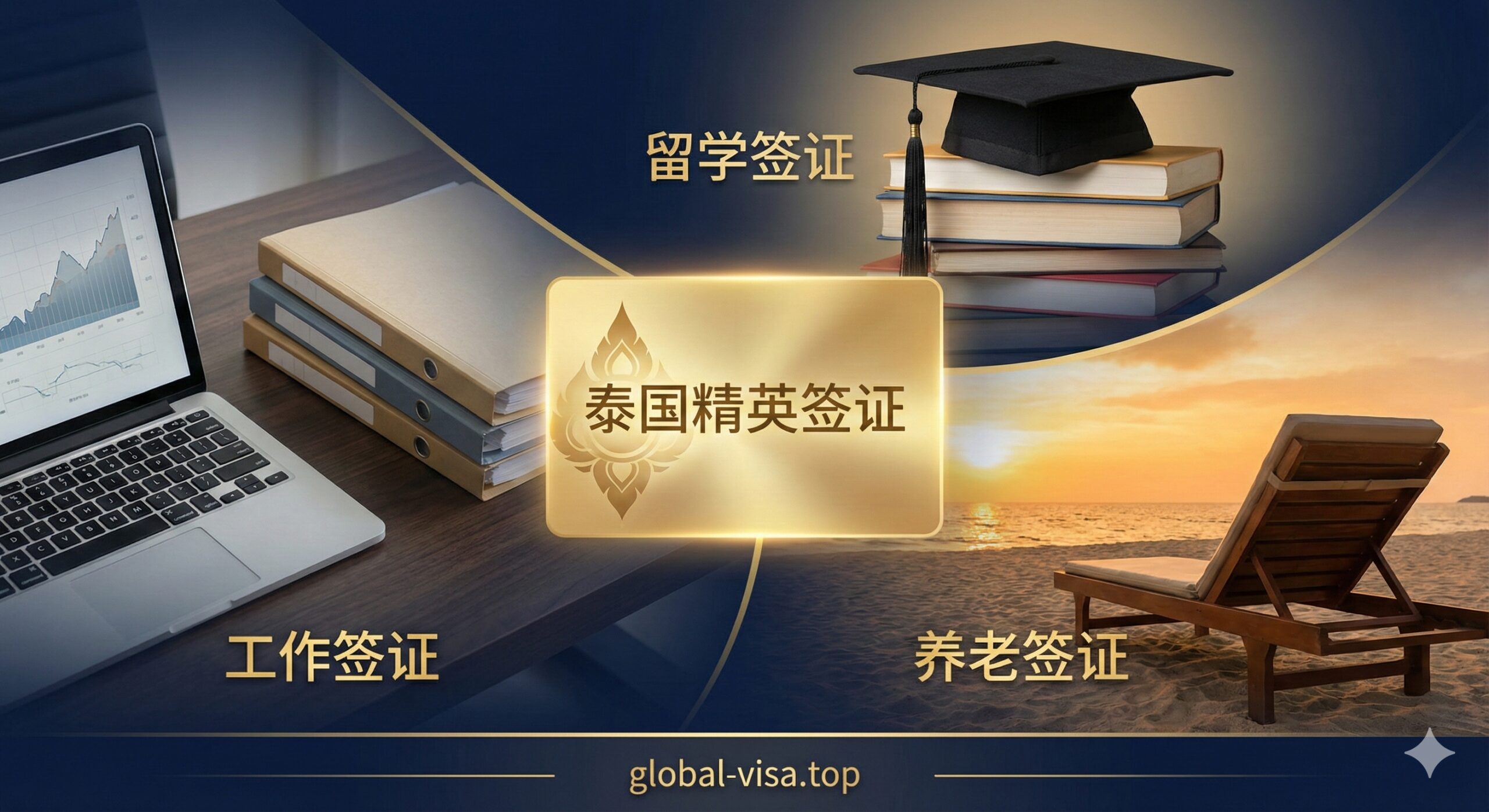 展示泰国长期签证多样性的拼贴风格图片。画面分为几个柔和过渡的区域:左侧是一台笔记本电脑和商务文件,代表工作签证;右侧是沙滩椅和夕阳,代表养老签证;上方是堆叠的书籍和学士帽,代表留学签证;中间则是一张金色的泰国精英卡。整体色调采用专业的深蓝色与金色搭配,体现global-visa.top在处理复杂签证代办服务上的专业度与高端感。