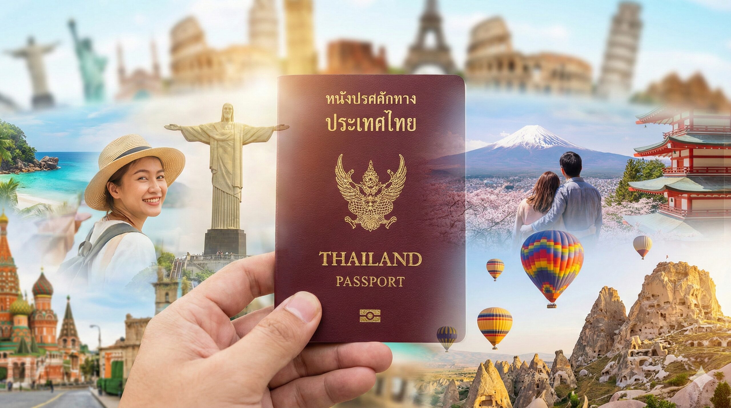 优势特点图，展示持有泰国护照带来的旅行自由和多样性。画面采用多重曝光或拼贴艺术风格，将泰国护照与多个代表性免签目的地景观融合：比如巴西的里约热内卢基督像、日本的富士山、土耳其的卡帕多奇亚热气球等，象征着极高的旅行覆盖面和便利性。图片中央可放置一个手持护照伸向远方景色的特写，表达“说走就走”的自由感。色彩应鲜艳、充满活力，吸引渴望旅行的用户。