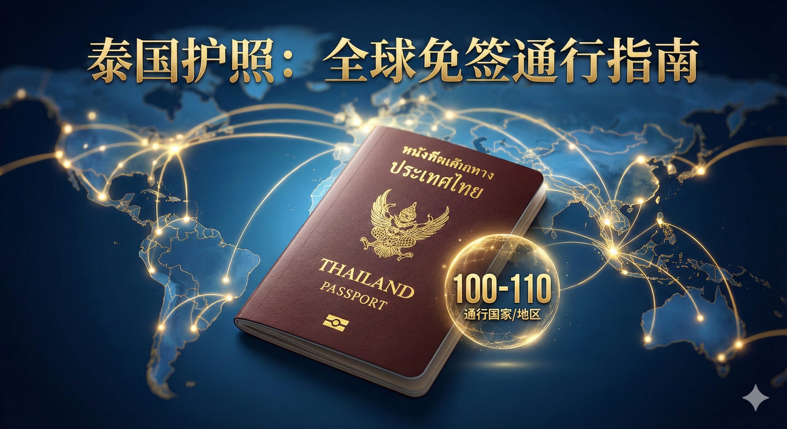 文章封面图。主体是一个醒目的泰国护照特写，封面带有金色的泰国国徽图案，护照微微打开，背景是模糊的全球地图，地图上用亮眼的金色或绿色线条标出泰国护照免签的国家和地区，突出“全球通行”的主题。整体采用高级、权威的商务蓝色调和金色点缀，营造出专业和自由旅行的氛围。在护照旁边放置一个小的数字气泡，突出“100-110”个通行国家/地区的数量。