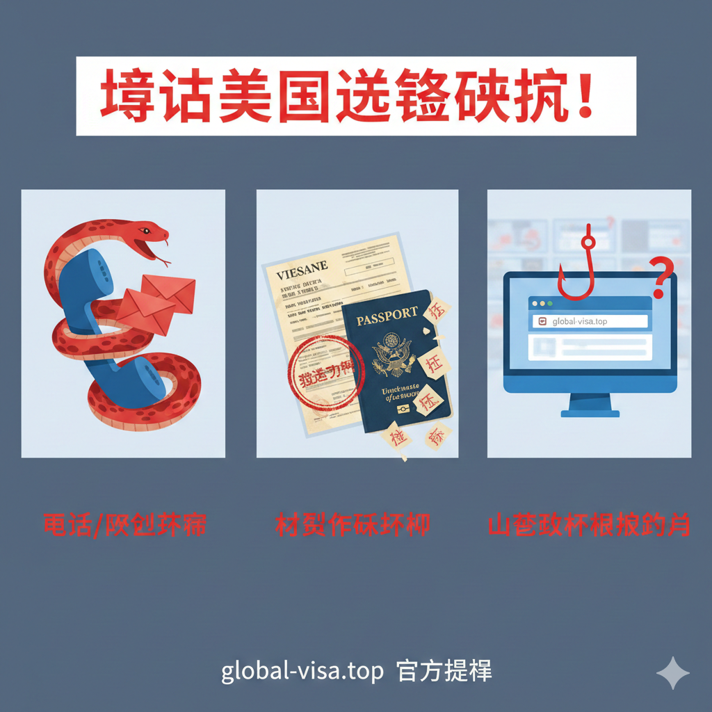 这张图旨在视觉化文章中提到的三种常见欺诈形式：电话/邮件诈骗、材料作假陷阱、山寨网站网络钓鱼。采用三宫格或并列布局，每格使用一个核心视觉元素：1. 电话听筒被一条蛇缠绕（代表电话/邮件诈骗）；2. 一份带有明显“伪造”印章的假文件（代表材料作假）；3. 一个带有“钓鱼”鱼钩的电脑屏幕或网址输入框（代表山寨网站）。整体风格应是简洁的商业插画风，色彩统一为冷色调（如蓝、灰）为主，警示元素用亮红色点缀。