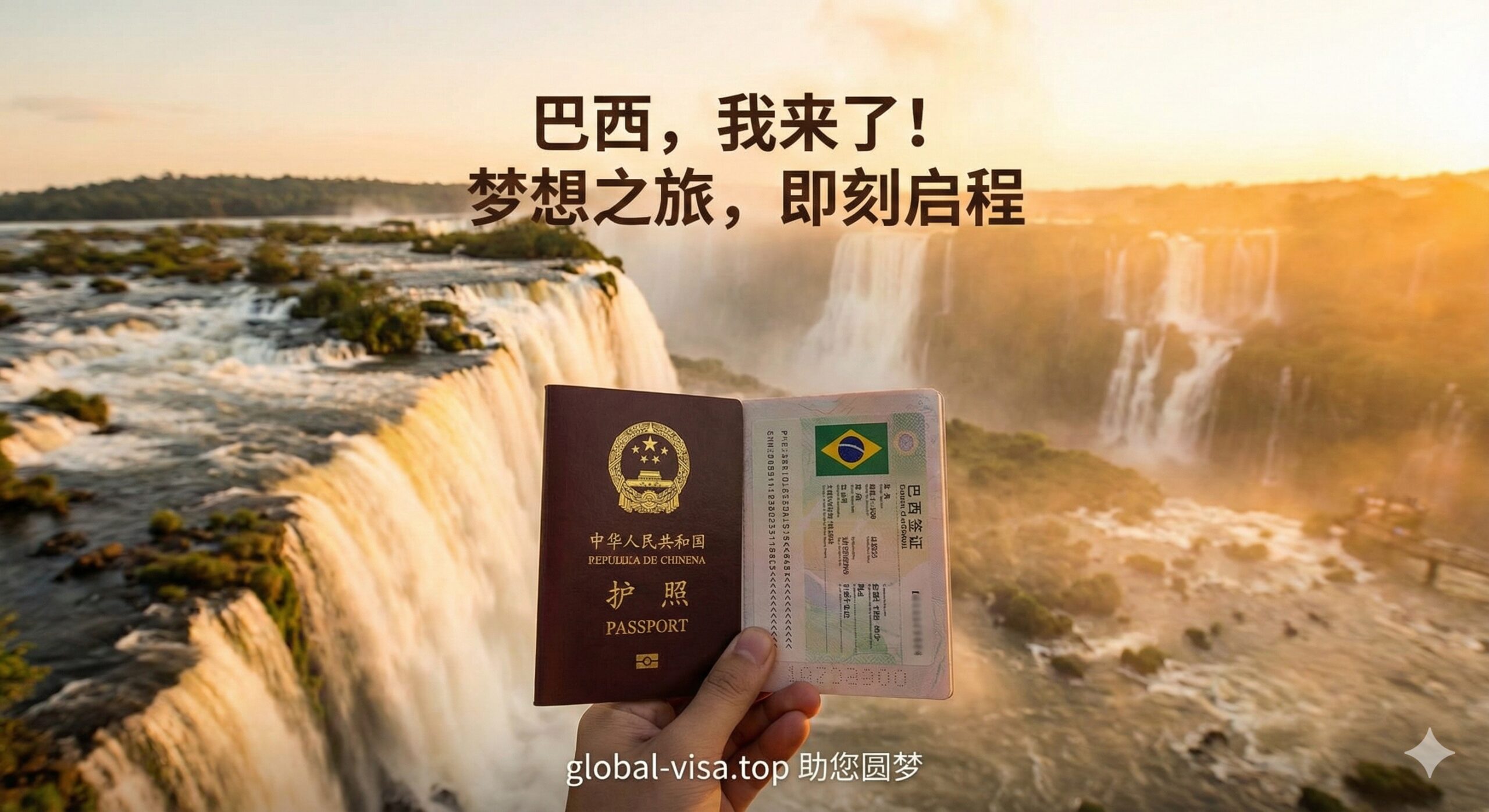 一张充满旅行憧憬的风景照,作为文章的总结。视角设定为游客的主观视角,一只手拿着中国护照,背景是壮观的巴西伊瓜苏瀑布或阳光明媚的科帕卡巴纳海滩。夕阳的余晖洒在护照和风景上,营造出温暖、自由和成功的氛围。这张图片象征着在global-visa.top的指导下顺利获得签证后,用户终于抵达梦想目的地的喜悦,鼓励用户开启他们的南美桑巴之旅。