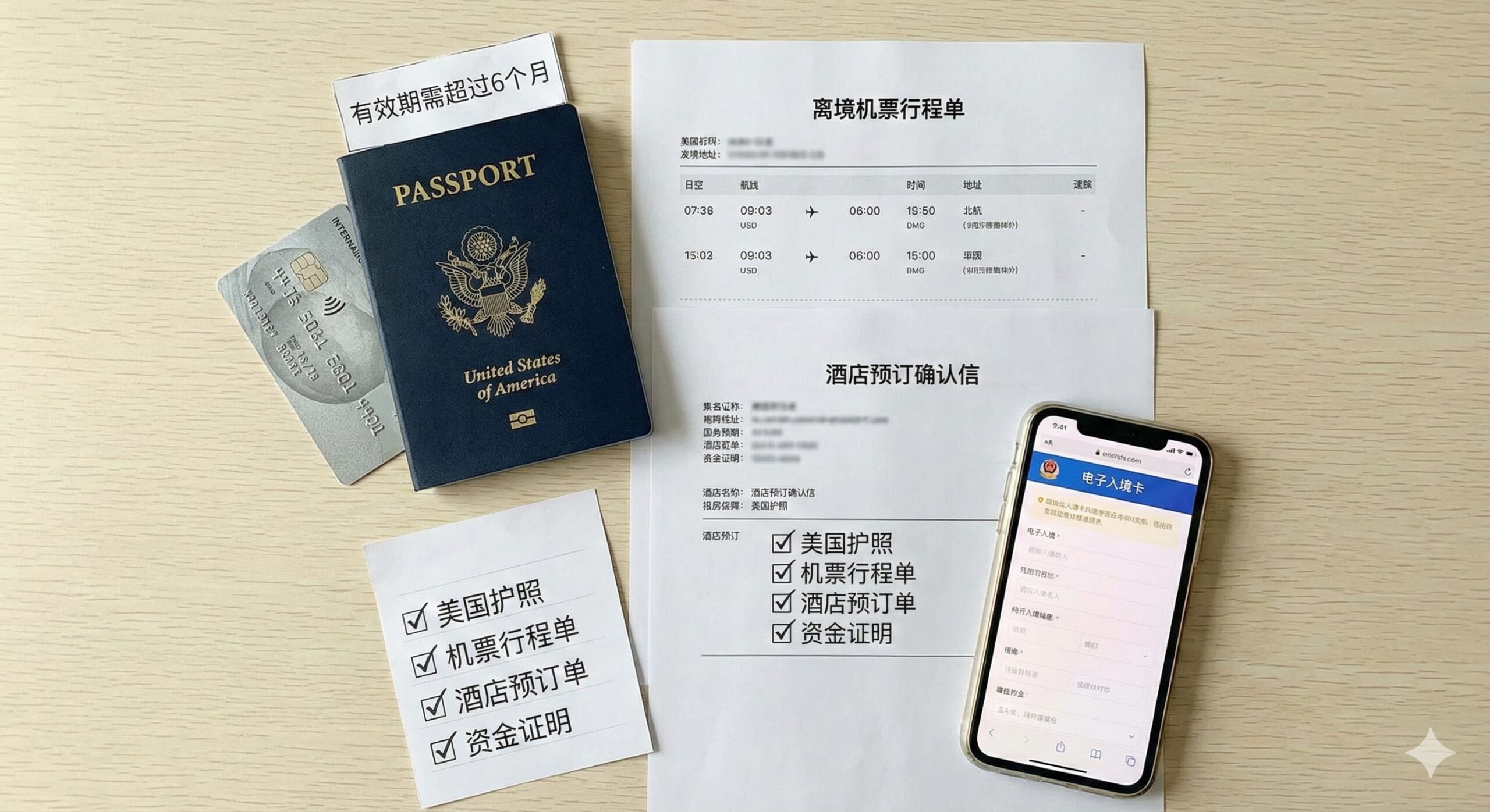 俯视视角的Flat Lay(平铺)构图,展示入境香港前的必备物品清单。在浅色木纹桌面上,整齐排列着:有效期超过6个月的美国护照、打印好的离境机票行程单、酒店预订确认信以及一张国际信用卡(资金证明)。画面右下角放置一部手机显示着'Arrival Card'的电子填写界面,光线柔和自然,视觉清晰有序,用于指导用户做好行前准备。