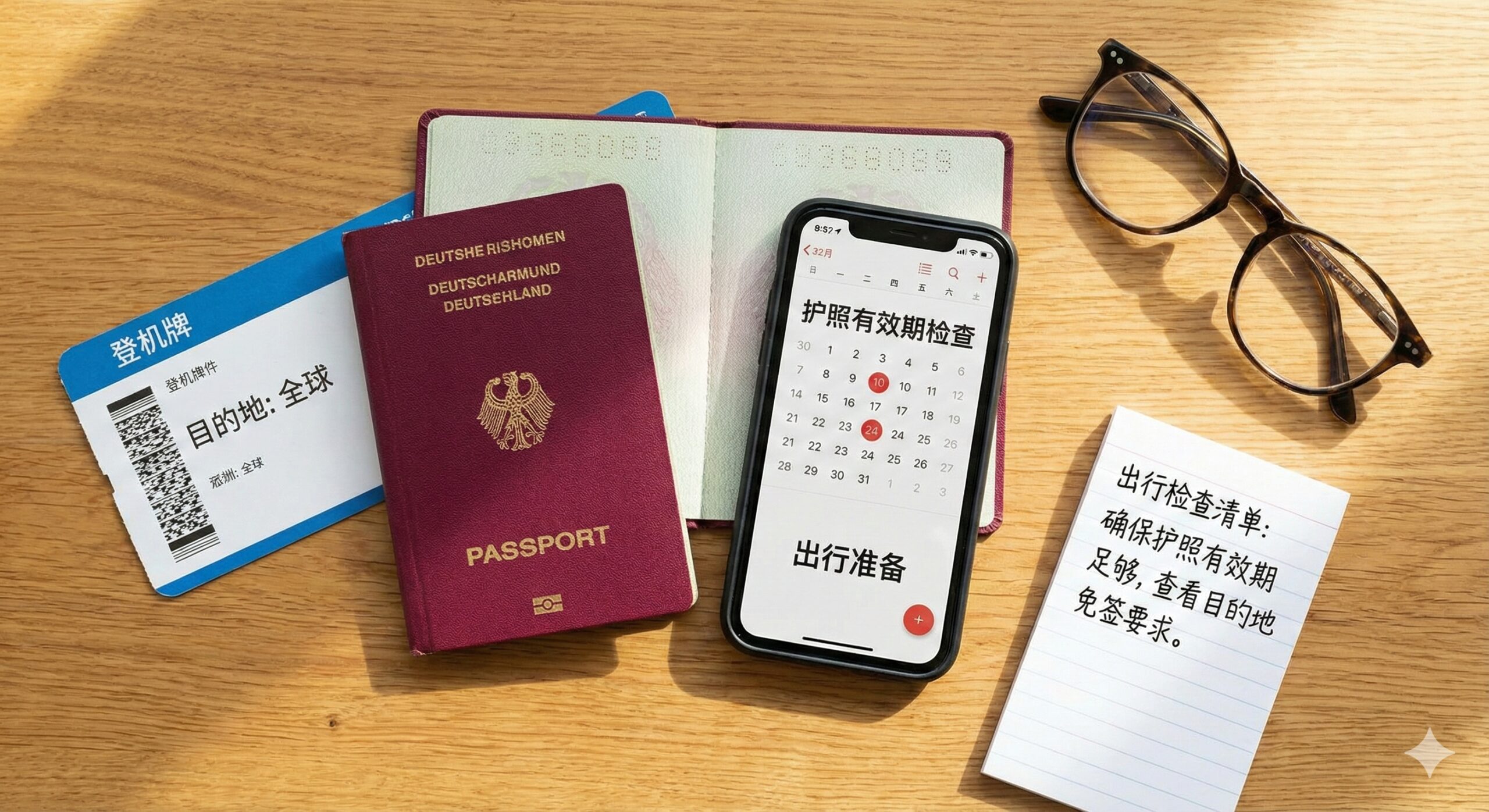 一张生活方式（Lifestyle）风格的俯拍平铺图，展示出行前的检查清单。在干净的木质桌面上，整齐摆放着一本德国护照、一张登机牌、一部显示日历的智能手机（暗示检查有效期）、以及一副眼镜。光线自然明亮，营造出轻松但准备充分的氛围。这张图片用于文章结尾的“总结与出行建议”，提醒用户关注护照有效期和出行细节，增加文章的实用感和温度。