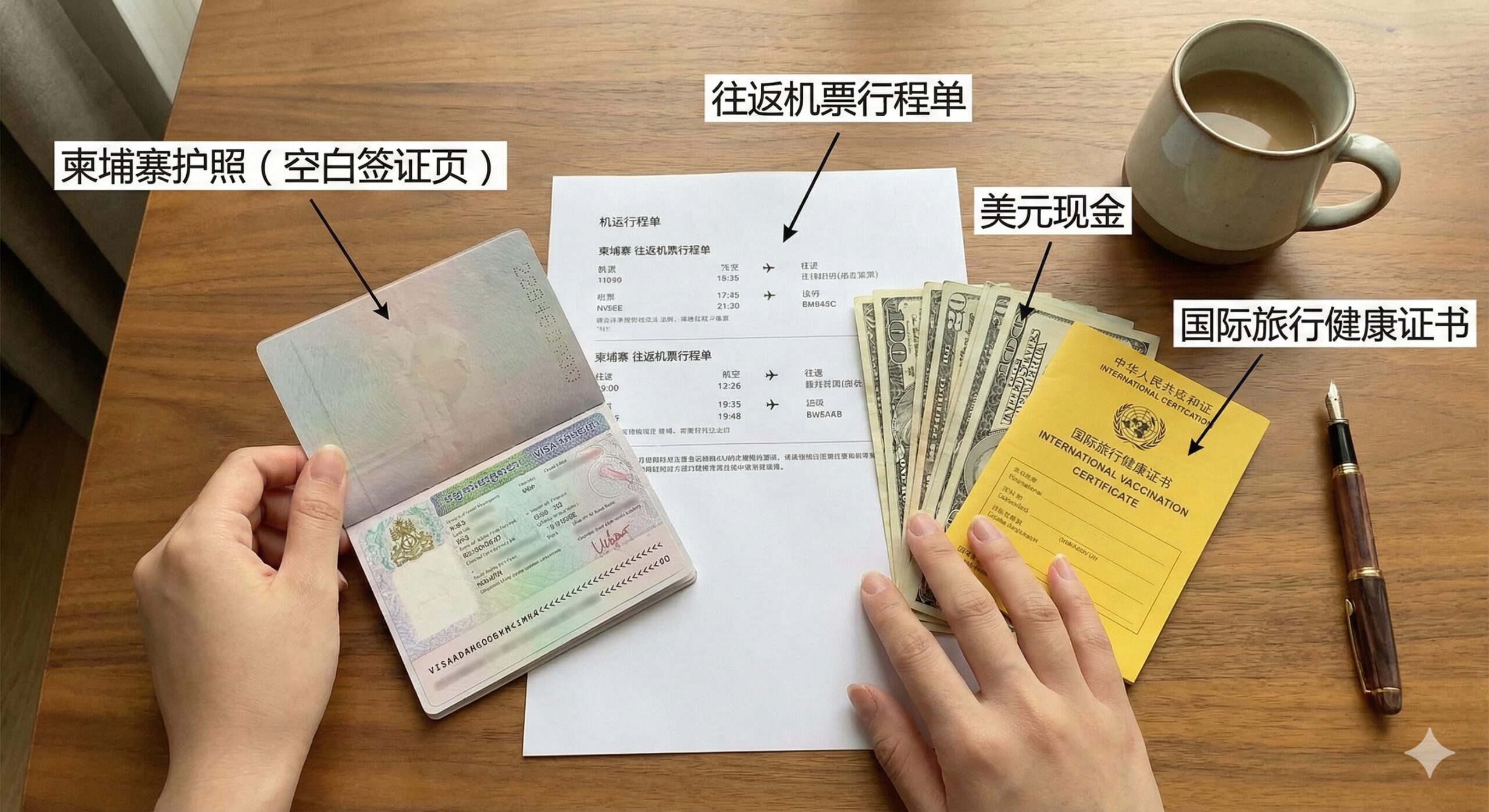 第一人称视角的实拍图。一双修剪整齐的手正在木质桌面上整理出行文件。画面中包含一本打开的柬埔寨护照(展示空白签证页)、打印好的往返机票行程单、一叠美元现金以及一张黄色的疫苗接种证书。旁边有一杯咖啡和一支钢笔,光线明亮自然,强调出行前文件核对的严谨性与实操步骤。
