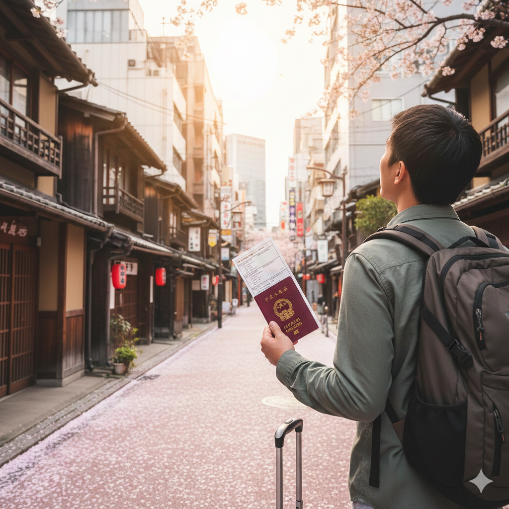 一张充满期待感的总结性图片。画面展示一名背对着镜头的游客，手拉行李箱，站在落满樱花的日本街道上，正抬头望向远方繁华的新宿街头或宁静的京都小巷。游客手中拿着护照和打印好的行程单，阳光洒在身上，营造出温暖、顺利、蓄势待发的氛围。图片传达出‘虽然需要办理签证，但准备充分后旅程依然美好’的积极情绪，鼓励用户立即行动准备材料。