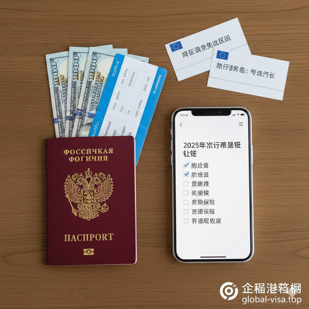 A professional flat-lay photography composition on a traveler's desk, representing the practical 'Summary' and preparation advice. The scene includes a Russian passport, a neat stack of US Dollar and Euro cash (highlighting financial tips), physical flight tickets showing transit hubs like 'DXB' or 'IST', and a smartphone displaying a travel checklist. The lighting is natural and organizational, conveying a sense of readiness and smart planning for the 2025 trip.