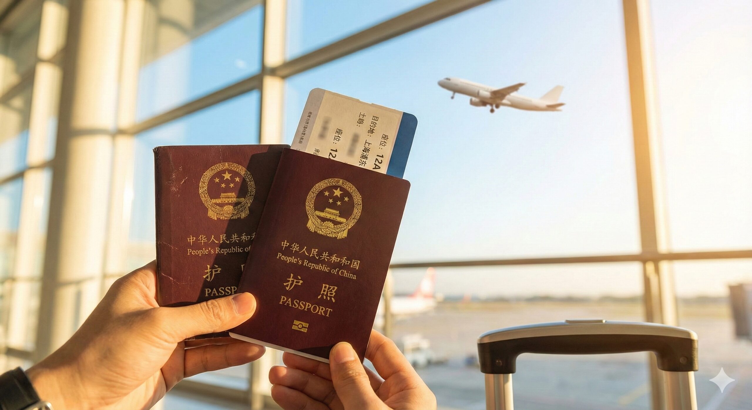 充满希望的总结性图片，展示顺利出行。画面是一个旅行者的视角，手中同时拿着新旧两本护照和一张登机牌，背景是透过机场落地窗看到的起飞飞机或明亮的蓝天。行李箱的一角出现在画面边缘。整体色调温暖、高亮，传递出问题解决后轻松开启旅程的愉悦感，呼应文章结语，鼓励用户按攻略操作即可无忧出行。