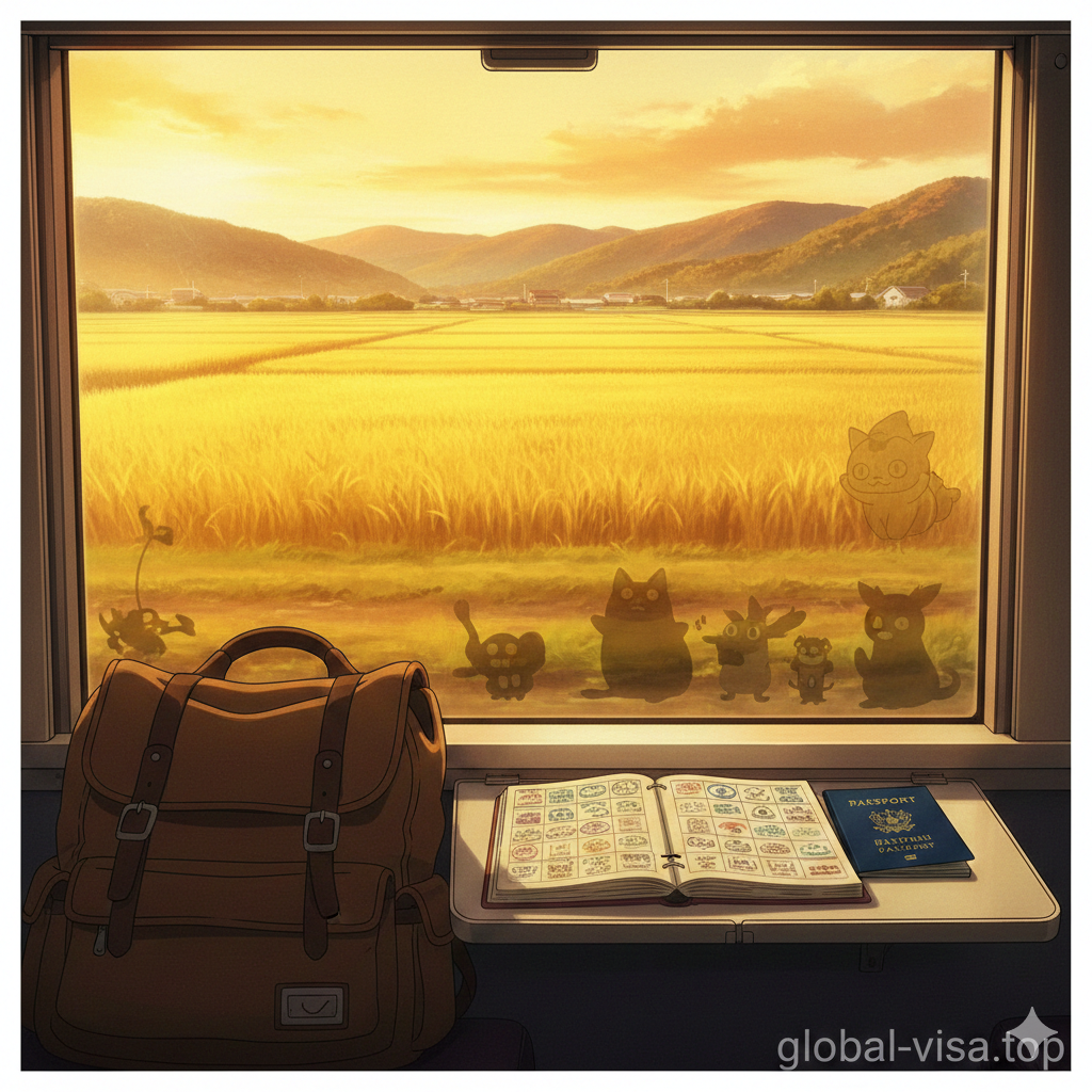 极具电影质感的总结图片。视角是从行驶的列车车窗向外看，窗外是熊本县金黄色的夕阳和田园风光，仿佛第二季第8话中夏目走过的河岸。车窗边的桌板上放着一个旅行背包、一本集章本和一本护照。玻璃上隐约倒映出动漫中妖怪的可爱轮廓，象征着旅程的结束也是感动的开始。画面充满情感张力，呼吁用户立刻行动开启圣地巡礼。