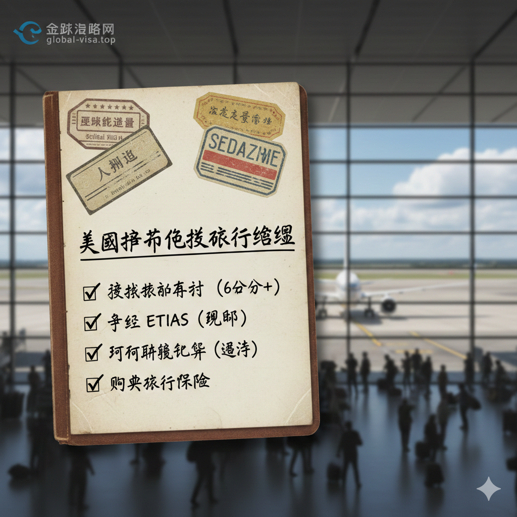 此图作为文章的总结和行动建议，采用一个旅行清单（Checklist）的视觉风格。主体元素是一个带有复古旅行标签的行李箱或旅行笔记本。上面列出三到四个关键的行动建议，例如：“检查护照有效期 (6个月+)”、“申请 ETIAS”、“打印联程机票 (过境免签)”、“购买旅行保险”。使用手写字体风格或勾选框的元素，使之看起来像是一个可以执行的实用清单。背景可以是一个模糊的机场或登机口的景象，象征“说走就走”的准备就绪。