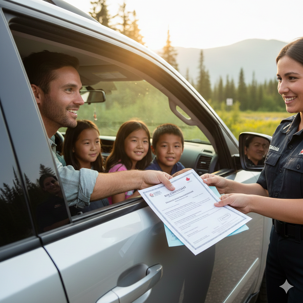 温馨的家庭自驾游场景摄影。画面展示一家四口坐在SUV车内，父母在前排微笑，正在向车窗外的边境官员递交文件。特写镜头聚焦在手中的文件上，隐约可见是儿童的出生证明（Birth Certificate），暗示16岁以下儿童陆路入境的特殊豁免政策。光线温暖自然，消除用户对携带未成年人过关的焦虑感。