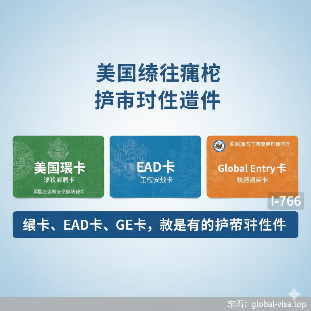 一张教程指导图，展示TSA官方认可的非护照替代证件清单。画面采用三列图表或并列卡片设计，清晰展示三种主要证件：1. 美国绿卡（Permanent Resident Card），2. EAD卡（Employment Authorization Card，配上I-766字样），3. Global Entry卡（Trusted Traveler Card）。下方配上简洁的中文说明'绿卡、EAD卡、GE卡，都是有效的护照替代品'。风格清晰，突出证件的正式感和有效性。