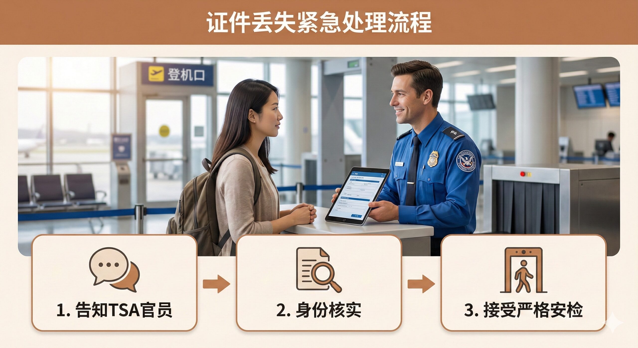 总结图片，描绘证件丢失时的紧急情况处理流程。画面中心是一个机场安检台的场景，一名乘客（亚洲面孔）在与一位身穿TSA制服的安检人员（面带微笑）交谈，安检人员手中拿着一个平板或表格，背景是登机口。画面下方用三个简短步骤图标表示：1. 告知TSA官员（对话气泡图标），2. 身份核实（放大镜/问号图标），3. 接受严格安检（X光机或安检门图标）。风格专业、充满人文关怀，突出问题的解决方案。