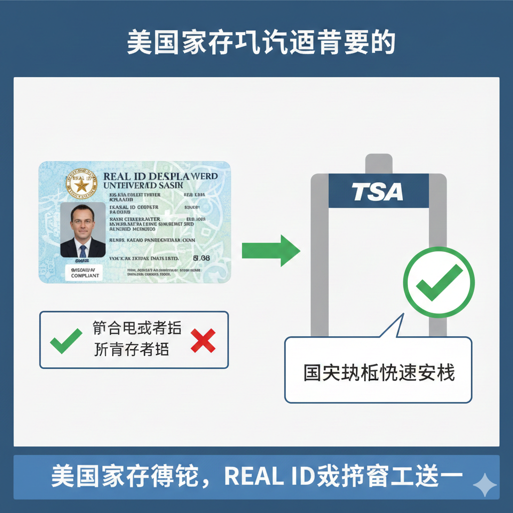 图片聚焦于REAL ID的关键特征。左侧是一张美国驾照的特写，右上角清晰地标有一个金色或黑色背景的五角星。旁边配有中文'REAL ID'和英文'Federal Limits Apply'的对比。右侧是一个简化的TSA安检标志，用一个绿色对勾表示符合规定的证件可以顺利通过。整体风格为信息图表（Infographic）式，简洁明了，用色块和箭头强调REAL ID的重要性。