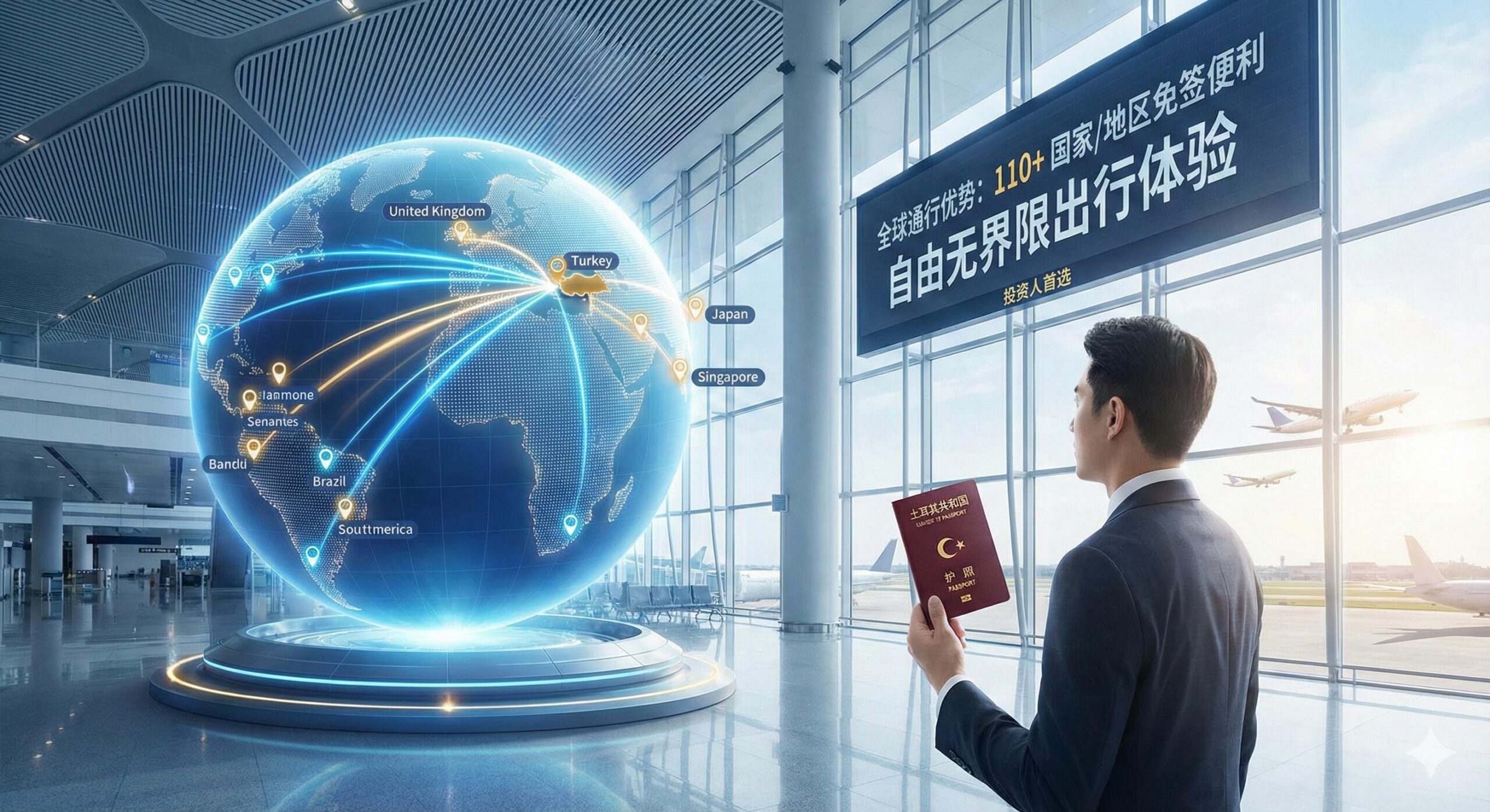 一张展现全球通行优势的广角摄影合成图。画面中心是一个旋转的高科技地球仪，从土耳其的位置延伸出无数条光线，连接向日本、新加坡、英国及南美洲等免签国家。前景是一位穿着得体的高净值商务人士手持土耳其护照站在国际机场的落地窗前，窗外是起飞的飞机。光线明亮通透，强调自由、无界限的出行体验，视觉上突出110+免签国的便利性，符合投资人的心理预期。