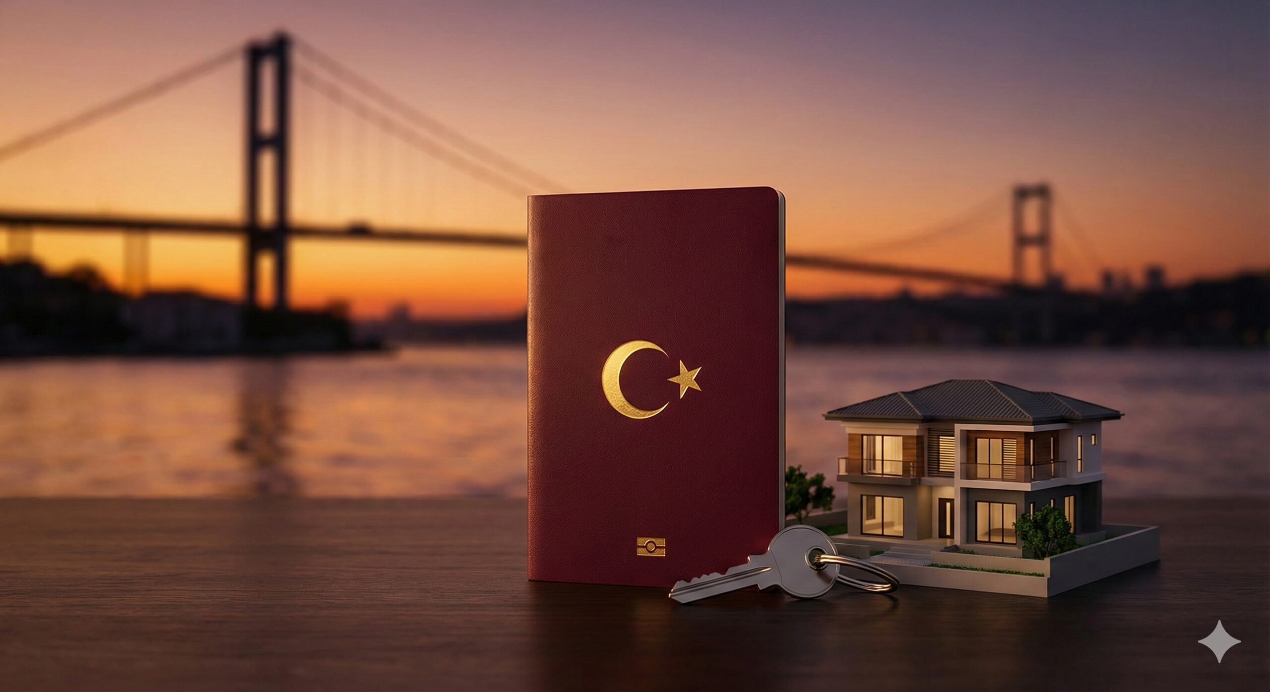 一张极具质感的高端封面图，画面中心清晰展示一本深红色的土耳其电子护照，封面上金色的星月徽章在柔和的光线下闪耀。护照旁摆放着一把精致的金属钥匙和一座现代豪华别墅的微缩模型，象征着购房入籍的政策。背景是伊斯坦布尔博斯普鲁斯大桥在落日余晖下的壮丽剪影，连接欧亚两洲的地理特征若隐若现。整体色调为温暖的金色与深红色搭配，营造出高端、尊贵且具有国际视野的氛围，适合global-visa.top的专业形象。