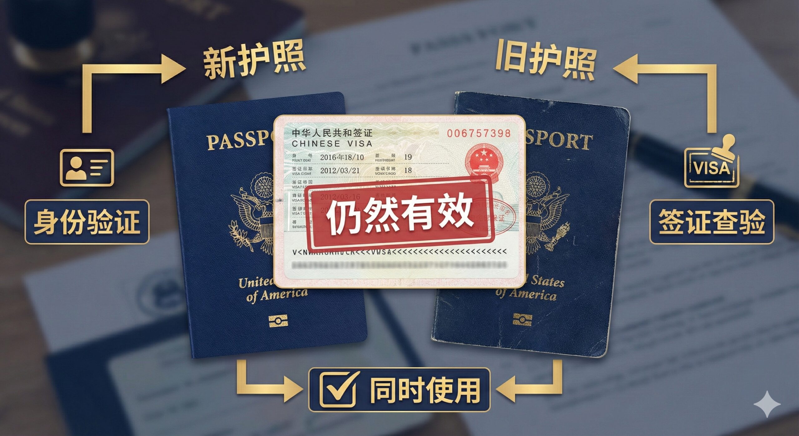 功能图片，聚焦“两本护照同时使用”的核心概念。画面中心是一个放大的中国签证页（带有红色印章和防伪图案），其上方用半透明覆盖层写着“Still Valid”或“仍然有效”。旁边配以两本护照（新旧），并用一个流程图或图标展示其功能：新护照用于身份验证（ID），旧护照用于签证查验（Visa）。整体色彩以红（中国签证）、蓝（美国护照）为主，配以金色的边框或线条，体现正式和专业性。构图简洁有力，突出政策允许的这一“特性”。
