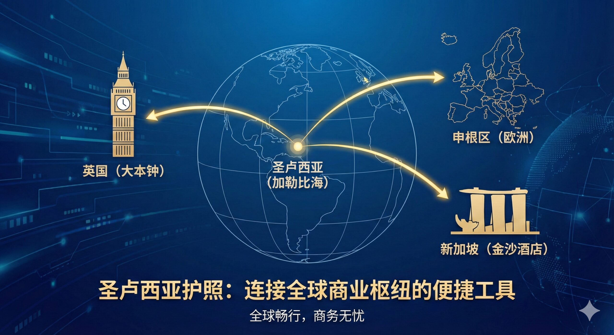 一幅现代化的扁平风格信息图设计,画面中心是一个极简风格的地球模型,三条明亮的金色航线从加勒比海区域分别连接到英国的大本钟、欧洲的申根区地图轮廓以及新加坡的金沙酒店剪影。背景采用科技感的深蓝色渐变,配以数据流线条,突显圣卢西亚护照作为连接全球商业枢纽的工具属性,视觉风格专业、清晰。