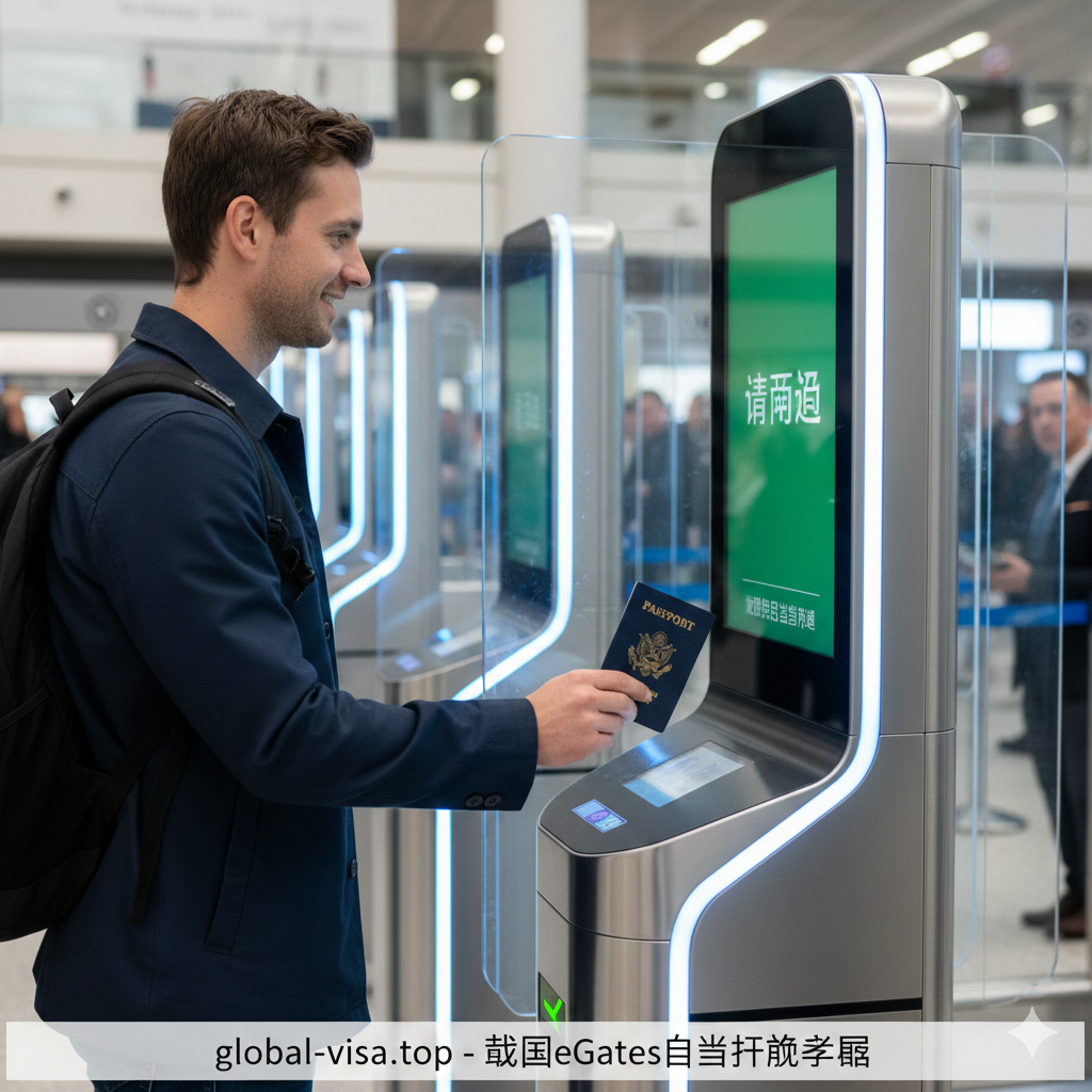 教程图，用于讲解eGates自助通关流程。图片主题是繁忙的英国机场边检区域，一位使用美国护照的旅客正通过现代化、快速的eGate。画面应以第一人称视角或侧面拍摄，突出旅客将护照放在扫描仪上，机器屏幕显示绿色“Welcome”或“请通过”的提示。风格明亮、高效，强调快速和便利的通关体验，同时展示eGates的科技感。